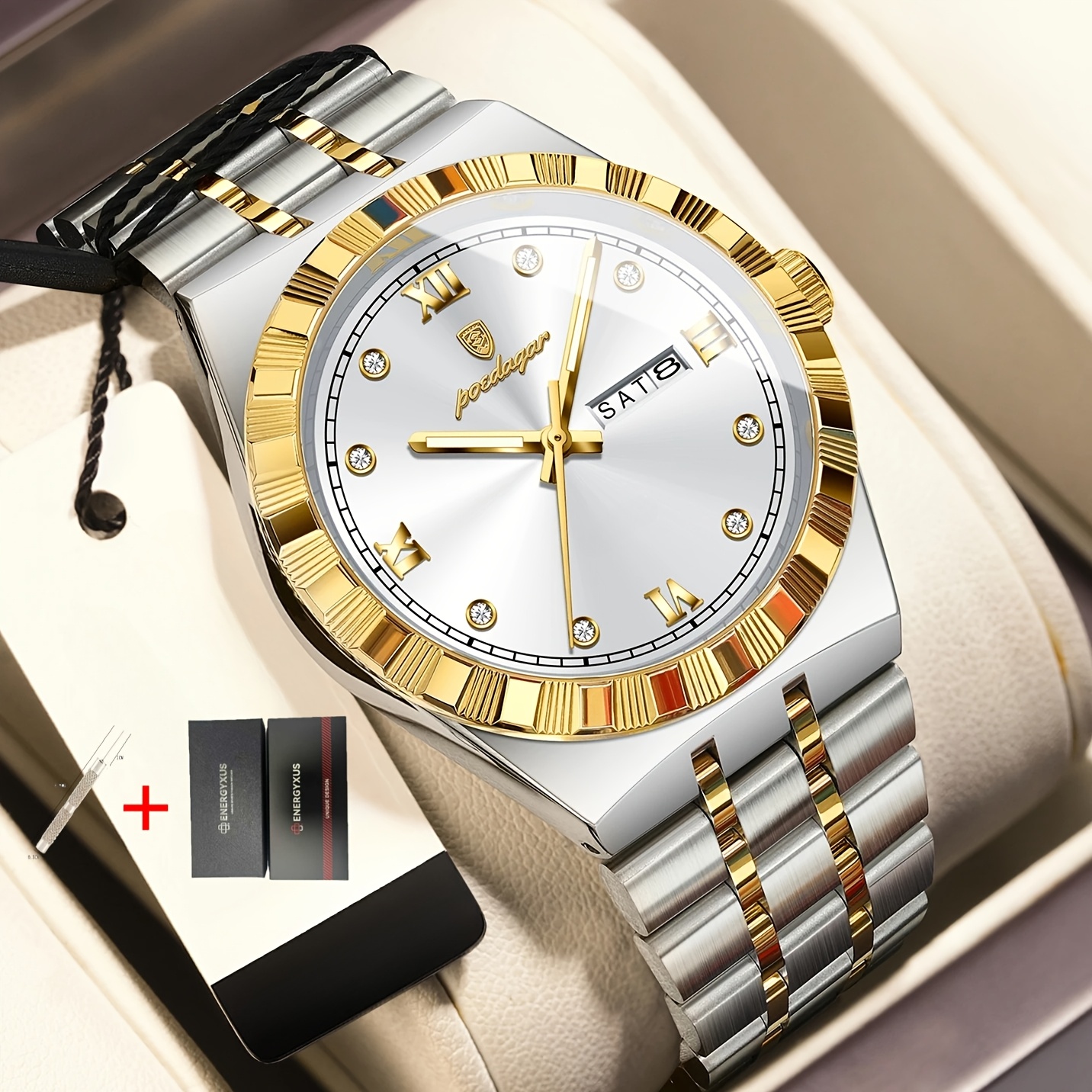TEMU Business Male Wristwatch Luminous Week Date Watch For Men Stainless Steel Fashion Men's Watches Reloj