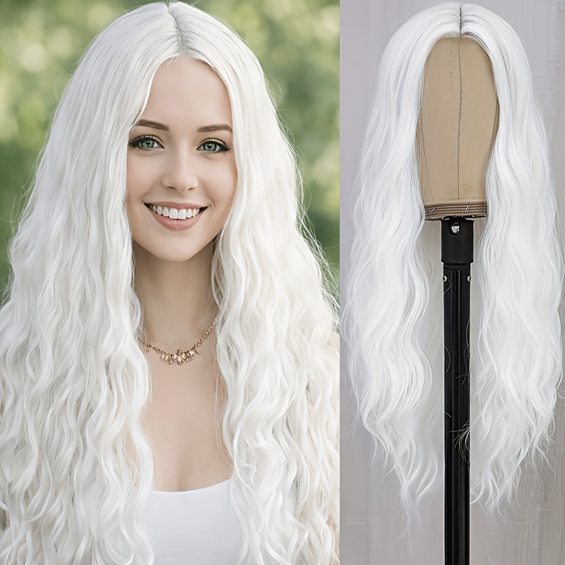 TEMU 26 Inch Witte Lange Golvende Krullende Pruik, Middenscheiding, Hittebestendige Synthetische , Verkleedpruik voor Vrouwen, Geschikt voor Cosplay,