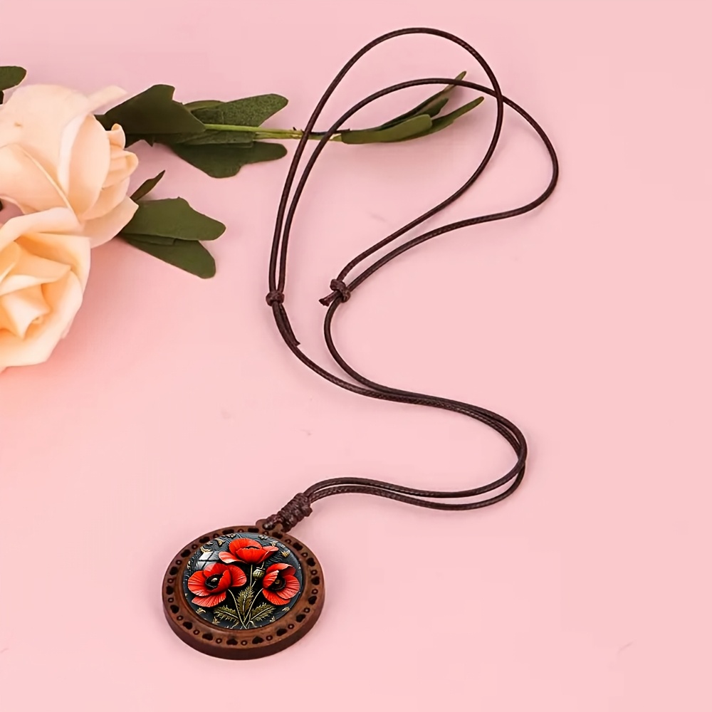 Poppy in Bloom Heart-Shaped Wooden Necklace, Cute Accessory