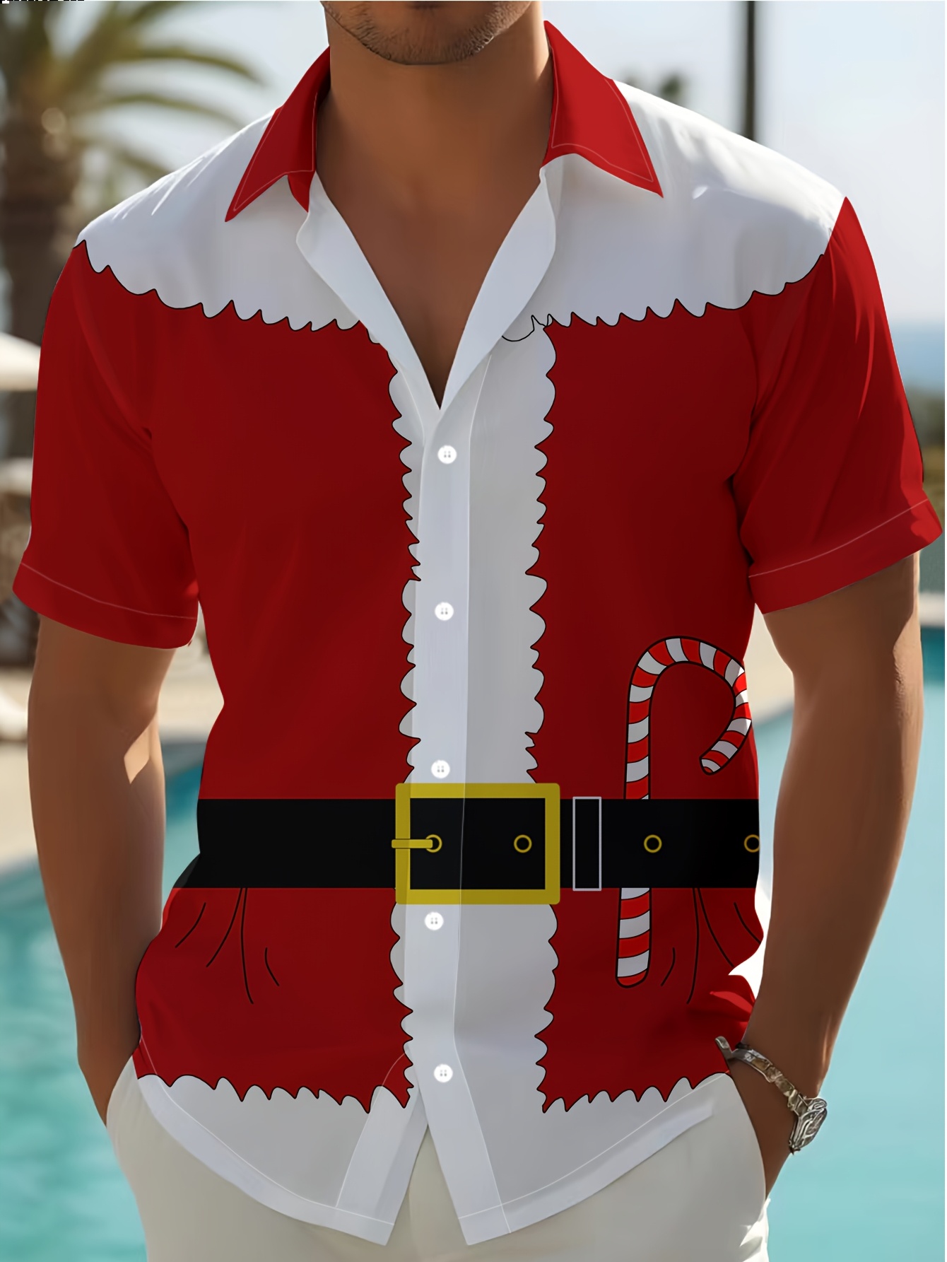 mens santa claus shirt red white button casual Temu Ghana