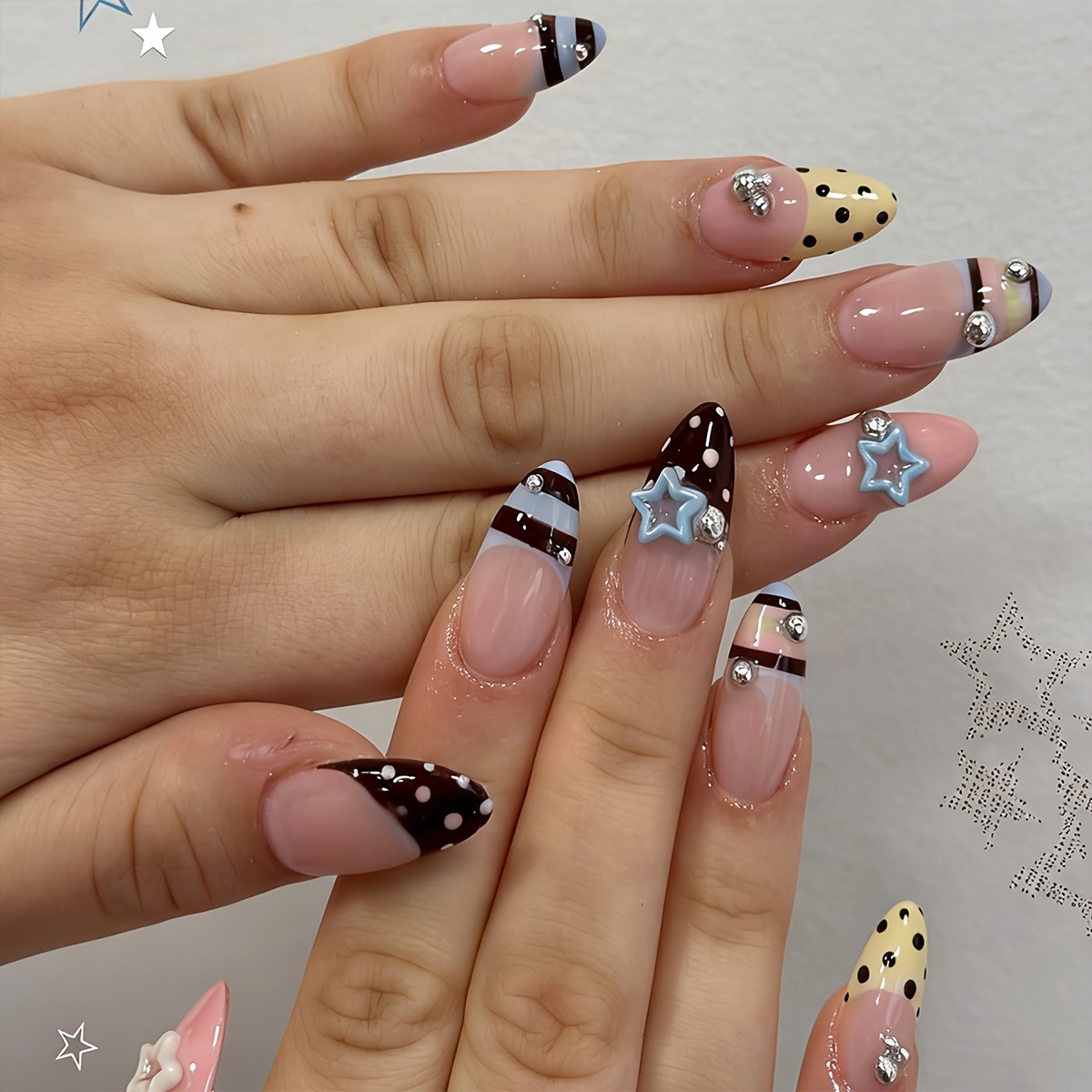 TEMU 24pcs Almond Press-on Nails Gift Box Set, Spring/summer Dopamine Candy Color Spliced Stripes, Pink-brown Contrast, Polka Dots, Cut-out Pentagram