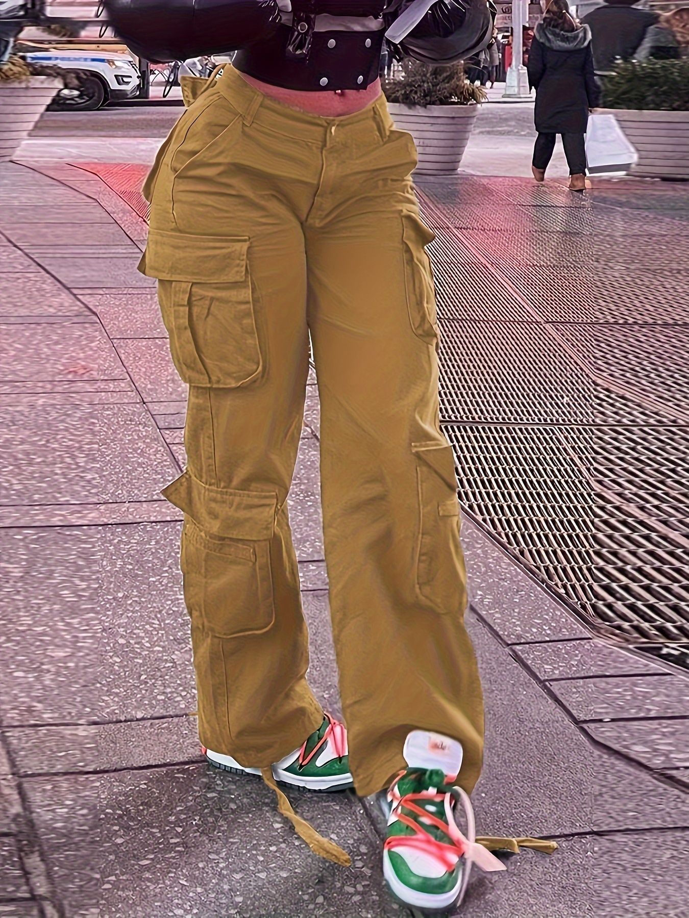 Women's *-Waisted Cargo Jeans with Flap Pockets Straight Wide Leg Casual  Baggy Boyfriend Denim Streetwear Pants Machine Washable Com