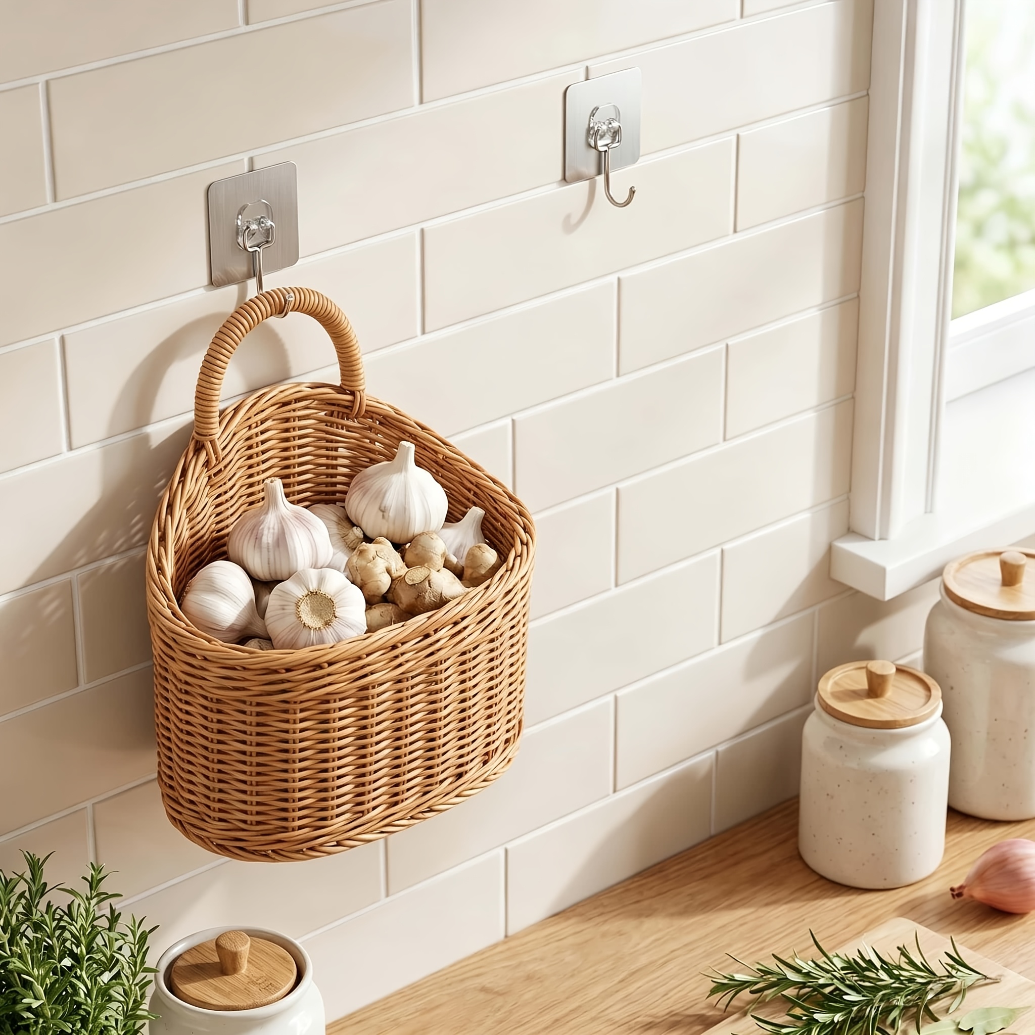TEMU Nordic Portable Decorative Woven Basket + No-drill Hooks, Kitchen Hanging Storage Cabinet, Storage Display Handheld Basket, Decoration For Hotel