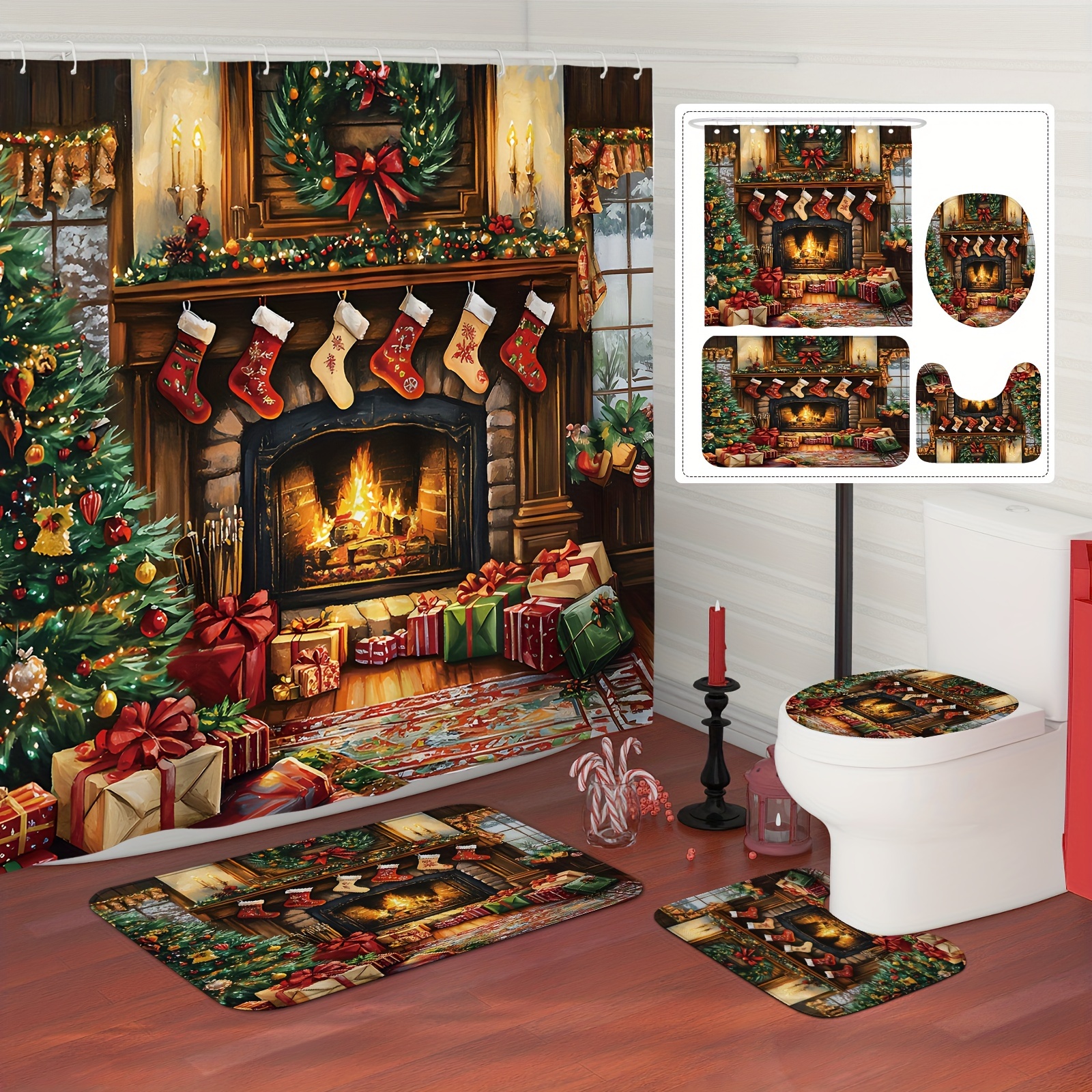 

/4pcs Christmas Fireplace Curtain Set Curtain And Rugs Polyester For Bathroom Or Decor 12 Bath Mat Lid Mat