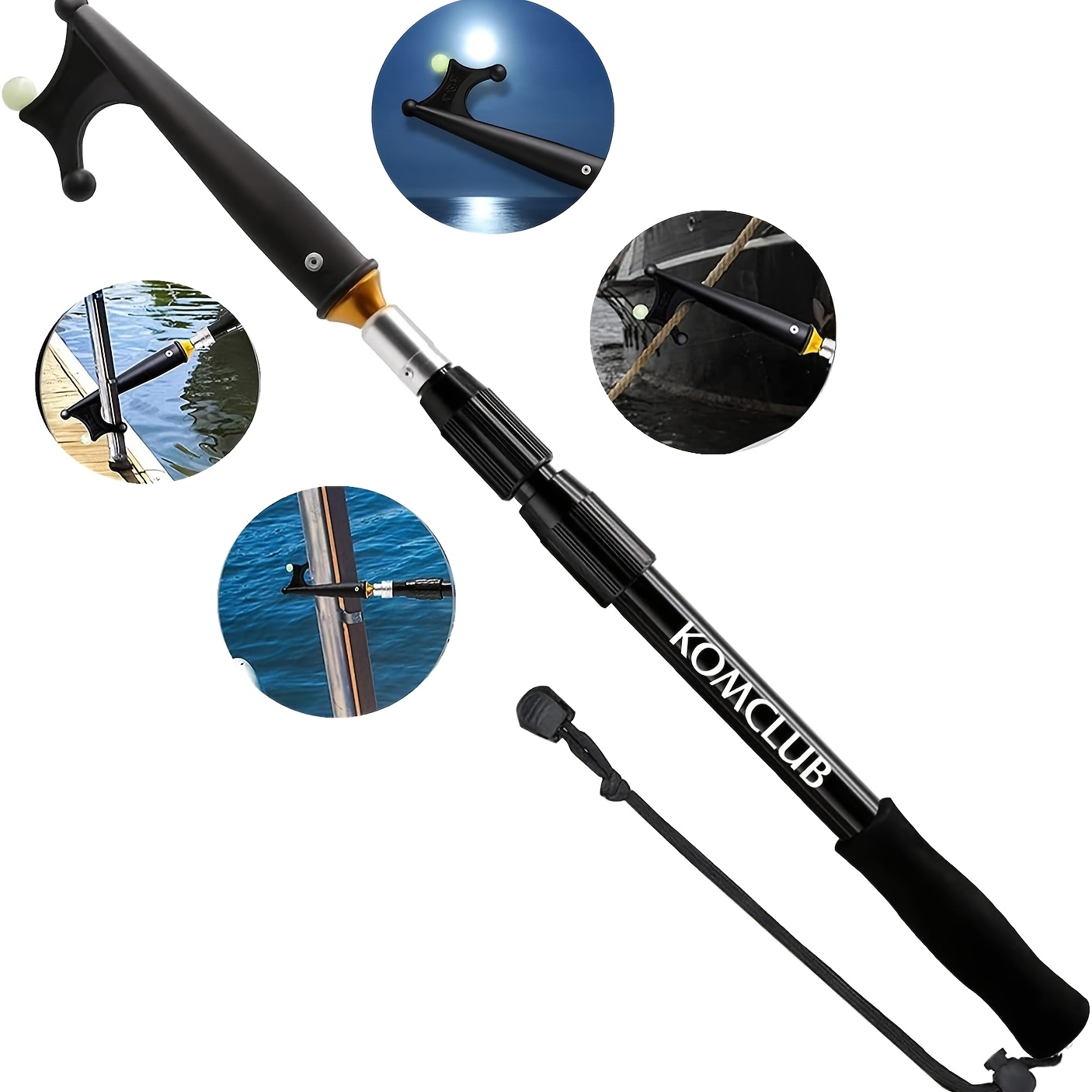 Komclub Boat Hooks For Docking Telescoping Extension Pole Hook With Luminous Bead, Lightweight Floating, Non-slip Rubber Handle, Durable & Rust-resistant, 25.6 To 47.2 Inches