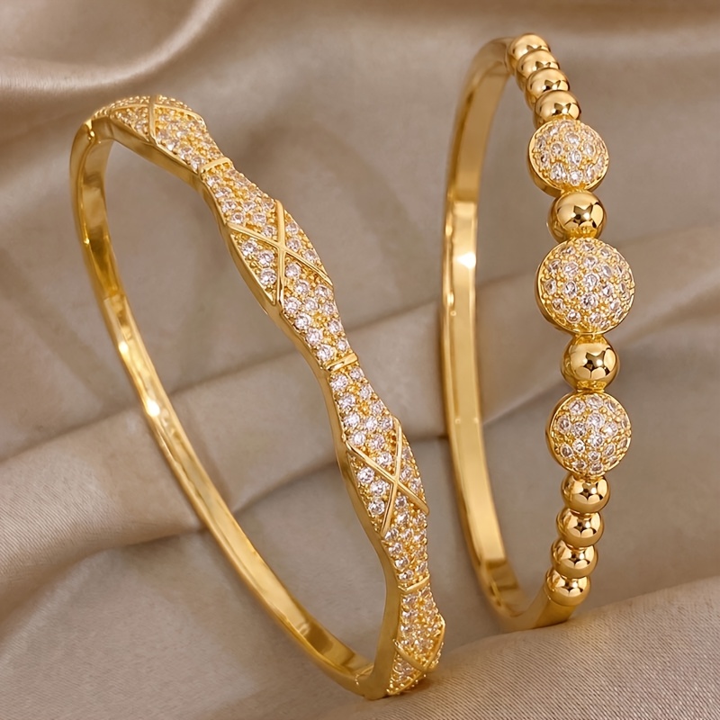 2pcs Golden-Tone Stainless Steel Bangle Set, Twisted Flow Design