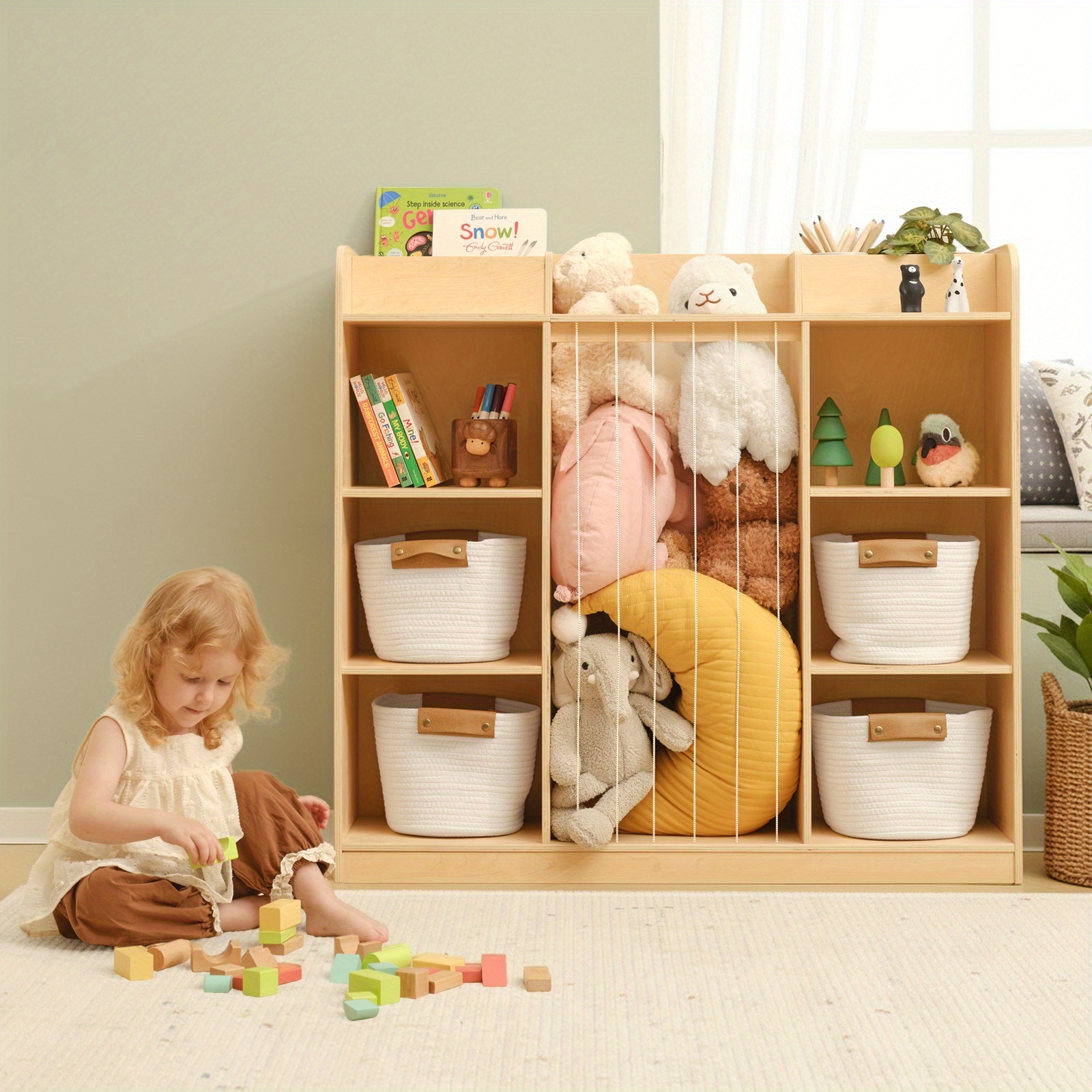 Luxury 2-in-1 Multifunctional Solid Wood Dollhouse Storage Cabinet & Bookshelf Organizer - Wood Bookcase with Spacious Shelves for, Dolls, Books - Easy Assembly Nursery, Playroom Furniture ' Room Organization