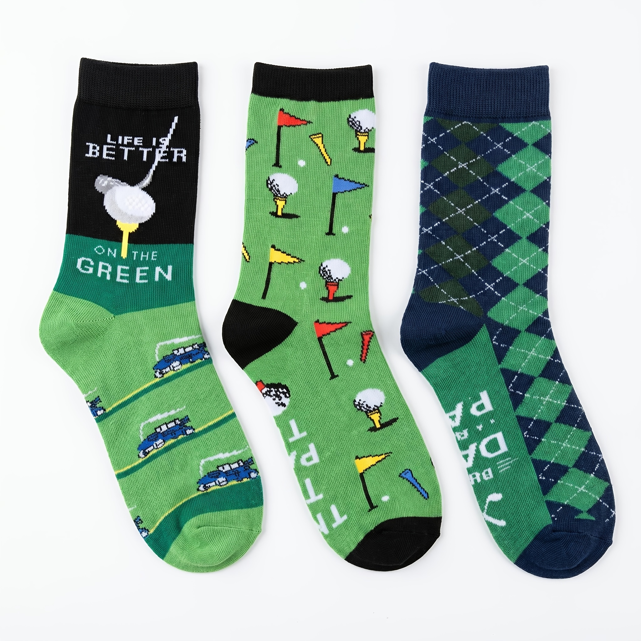 TEMU 3 Paires Homme Femme Automne Hiver Décontracté Sport Chaussettes - Double Tige Poussoir Et Chariot de Golf Jacquard Chaussettes Amusantes,