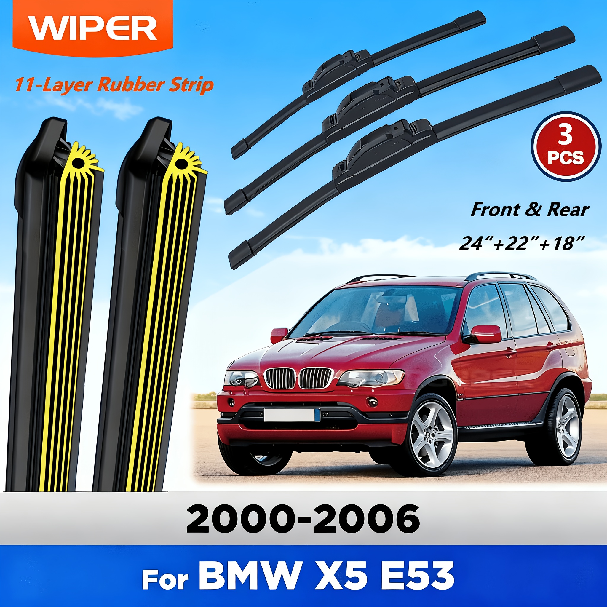 Image of Front & Rear Wiper Blades Set Kit For X5 E53 2000 - 2006 Windshield Windscreen Window Brushes, 11-layer Rubber Strip Wiper