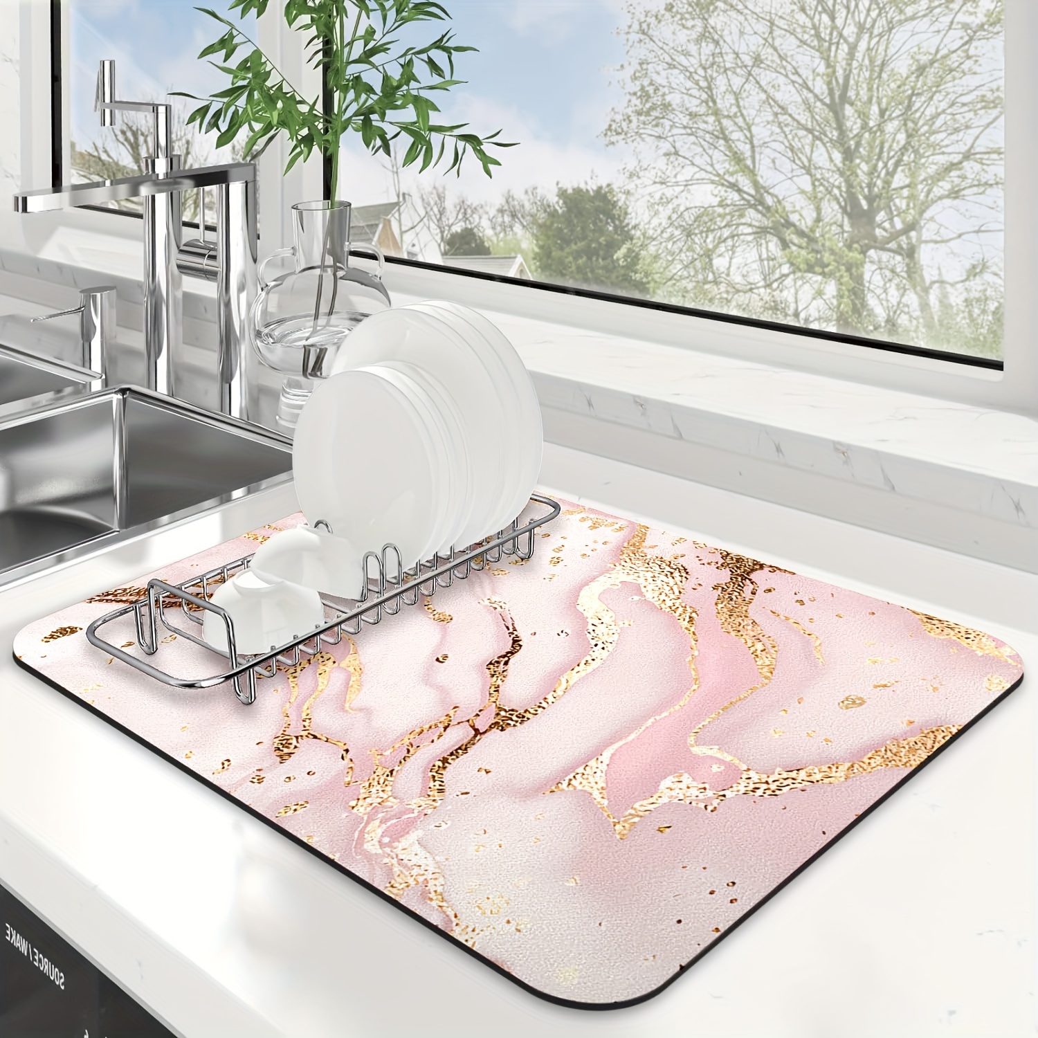 

Marble Pink And Golden Dish Drying Mat: Heat Resistant, Non-slip Rubber Backed, Absorbent Kitchen Mat For Restaurants/cafes - Available In 3 Sizes