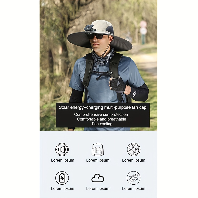 outdoor wide brim sun hat with 2 solar fan sun bucket hat for men women bucket fishing beach hat with fan built in details 4