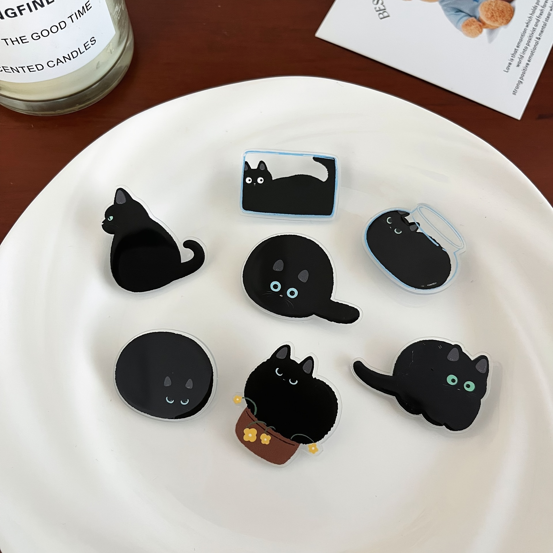 

7pcs Set Of Cute Cartoon Black Cat Brooches, Acrylic Novelty Accessories Badge Pins