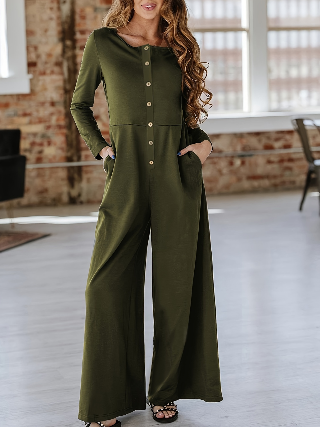 button front wide leg jumpsuit casual long sleeve pockets jumpsuit for spring fall womens clothing