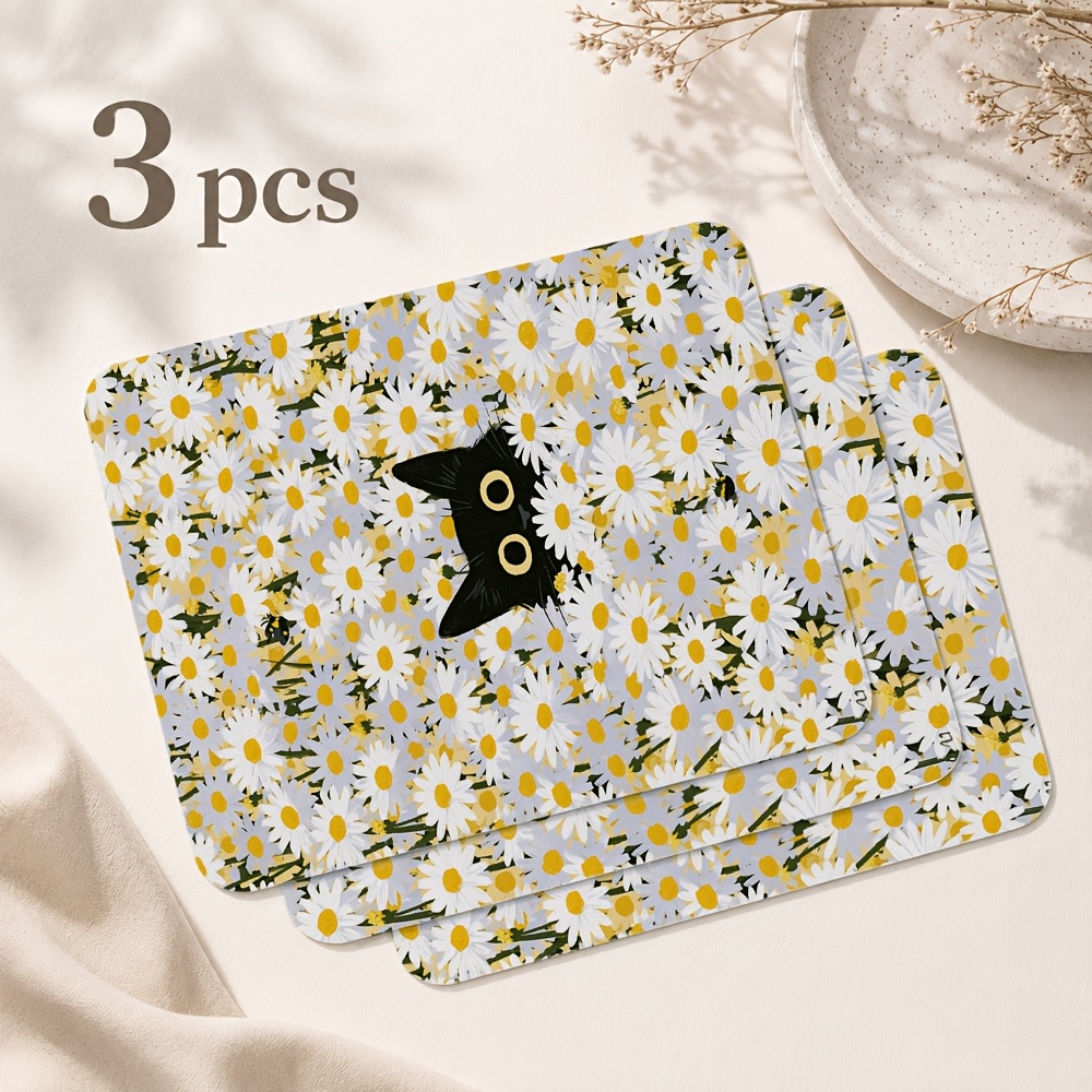 TEMU 3pcs Microfiber Printed Glasses Cleaning Cloths, Phone Screen And Lens Cleaning Wipes, Single-sided Printed Black Cat In Daisy Bushes Pattern, .