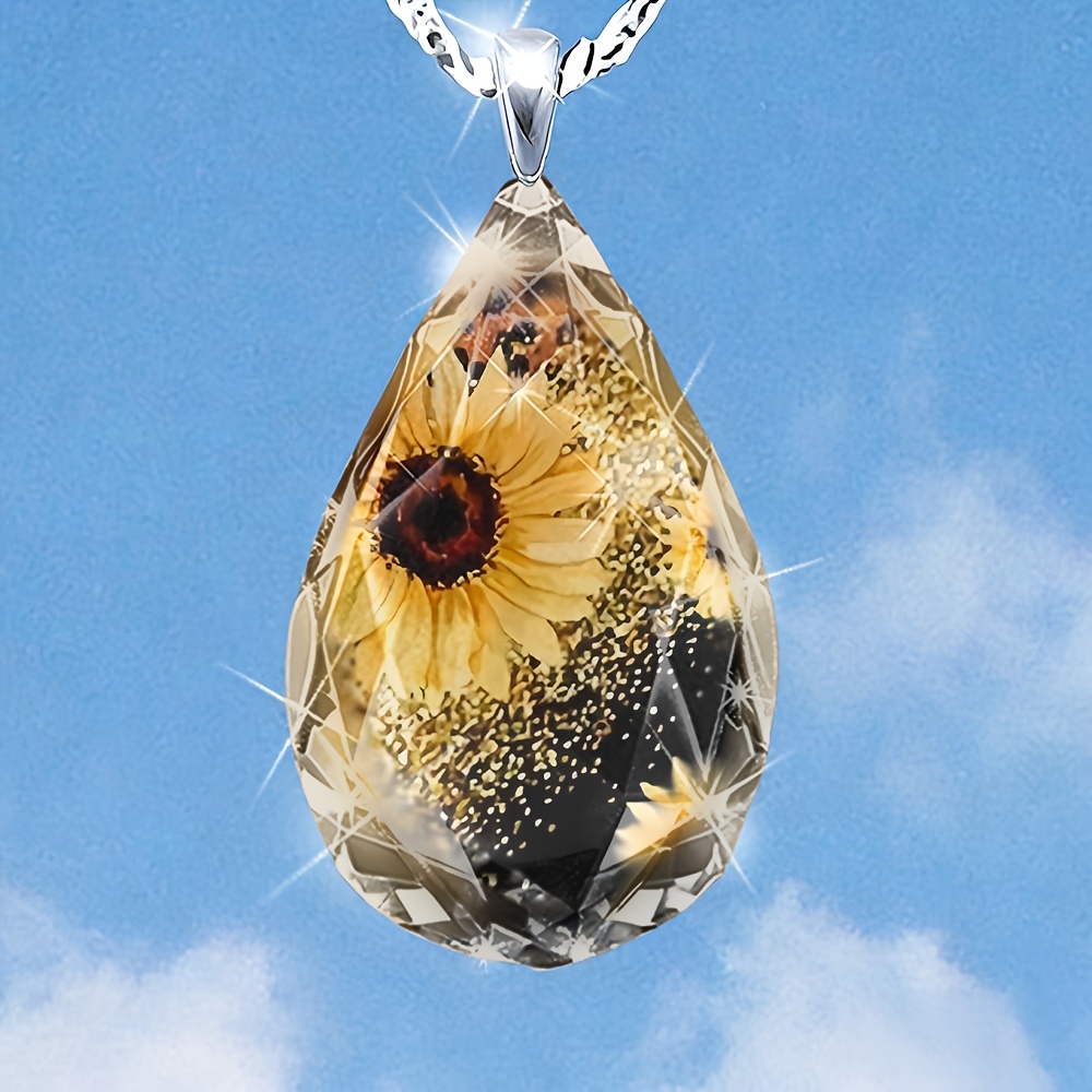 TEMU A Necklace Featuring A Teardrop-shaped Glass Pendant With A Sunflower Design And Golden Powder, This Elegant And Luxurious Piece Is Perfect For