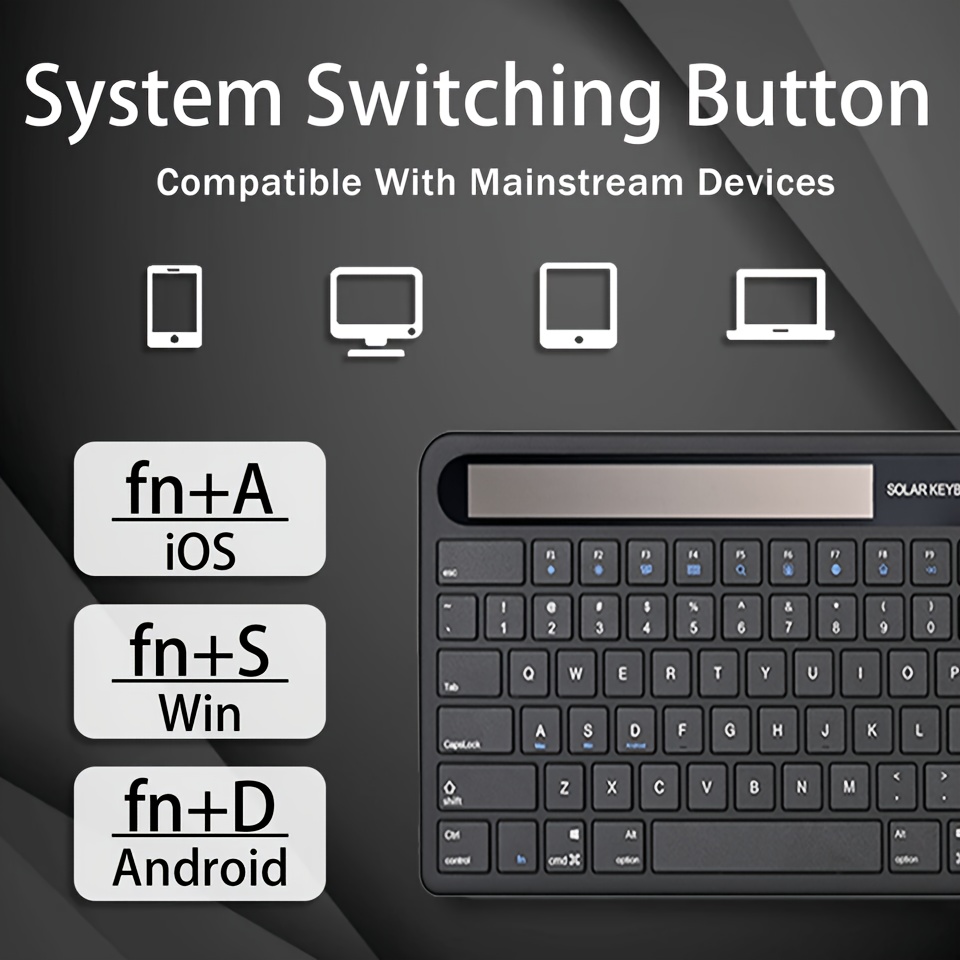 Jomaa USB Wireless Keyboard Solar Light Power Keyboard Full Size Solar Bluetooth Keyboard for Computer/Laptop/Tablet