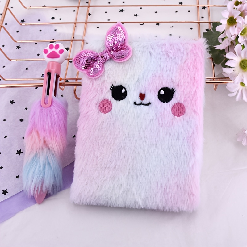 TEMU 2pcs Set With Pen, Notebook Set, Cat Plush Notebook, Notebook, Notepad, Diary, Memo Pad, Cat Paw Fur Pen, Four-color Ballpoint Pen, Ballpoint