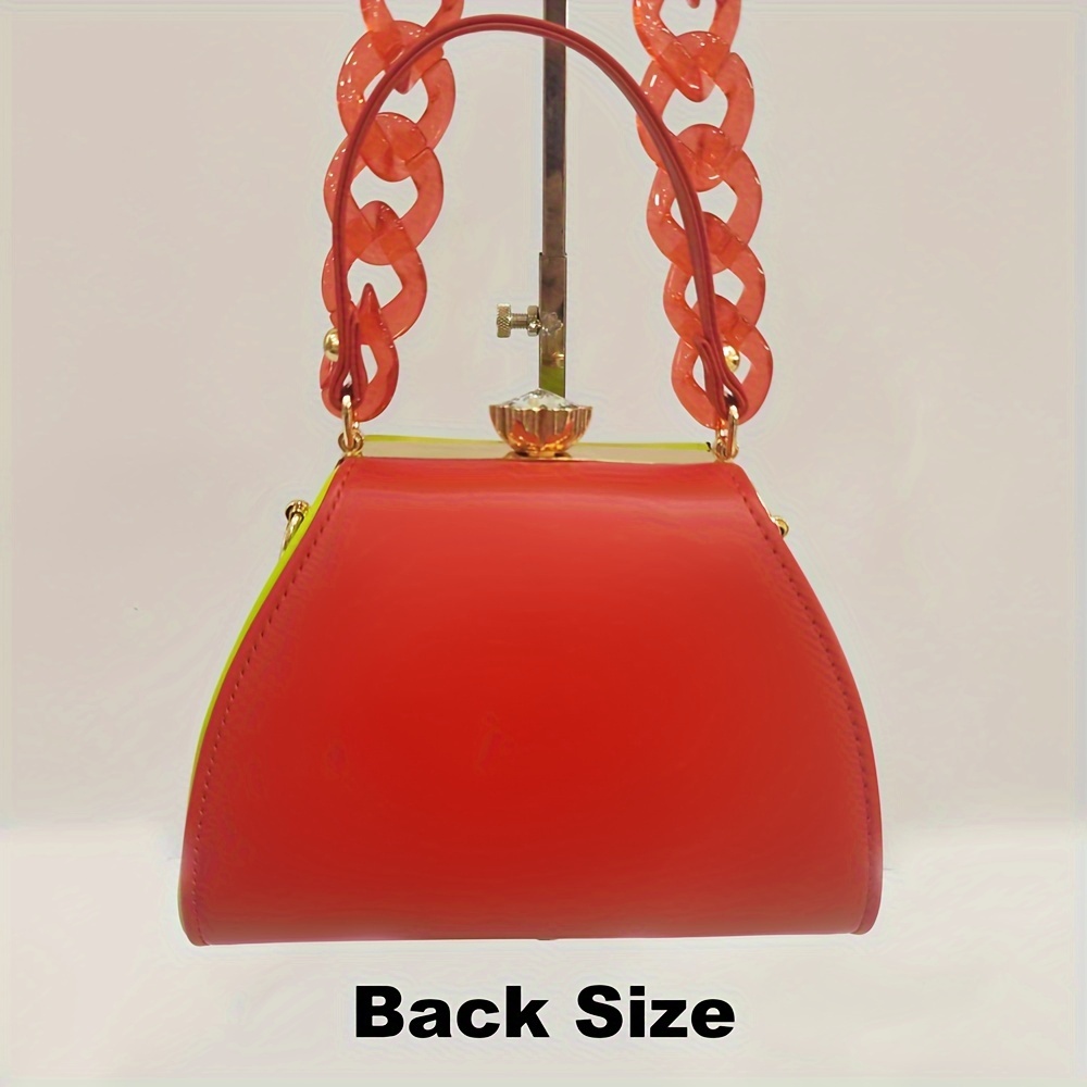Stylish Two-Tone Round Handbag Made of Durable, Featuring a Detachable Acrylic Chain And Snap Closure. This Versatile Handbag Is Perfect for Both Parties And Everyday Use.