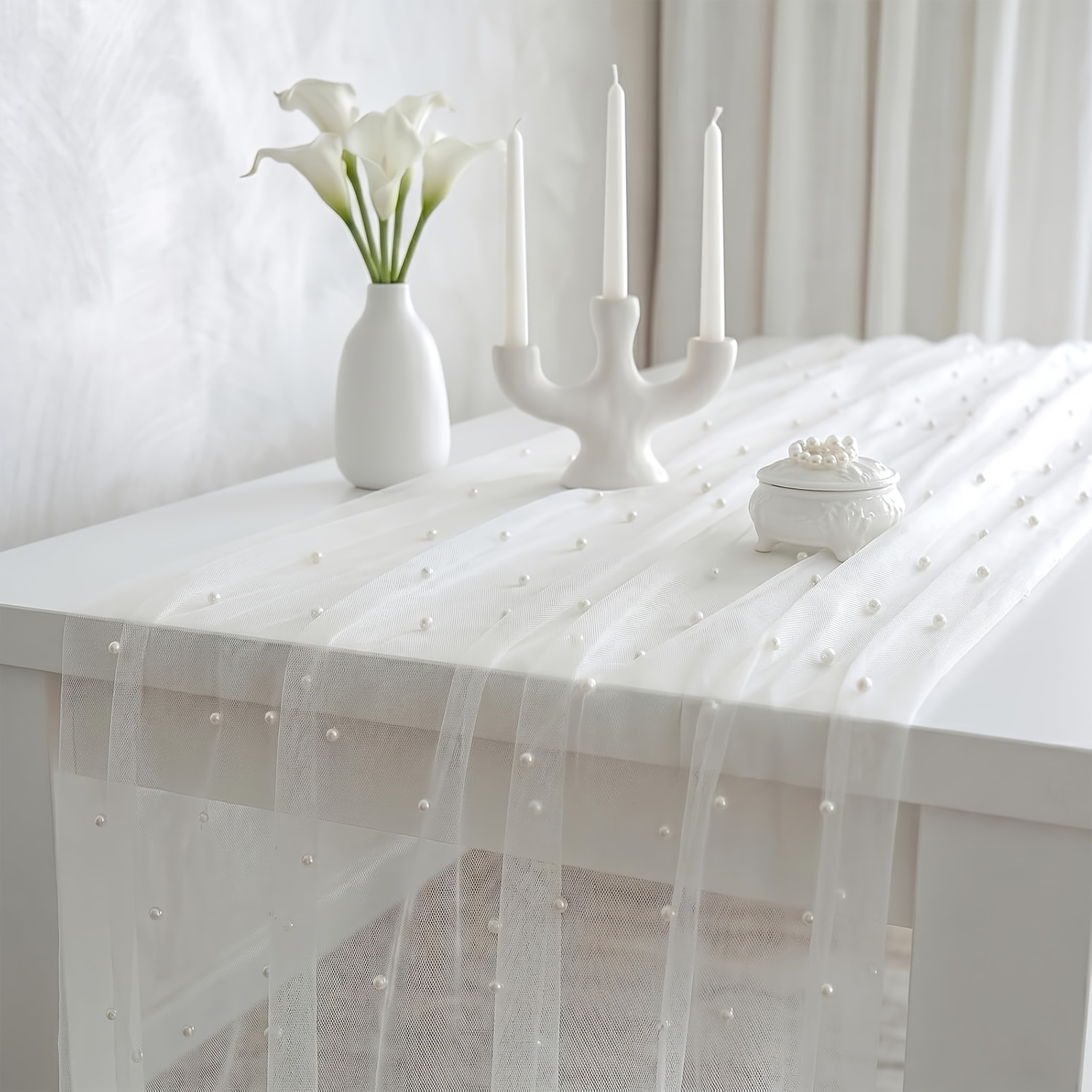 TEMU 1pc Pearl Sheer Tulle, Suitable For Table Covering, Table Runner Decoration, Wall Hanging, Holiday Decoration, Romantic Dinner Setup, A Sense Of