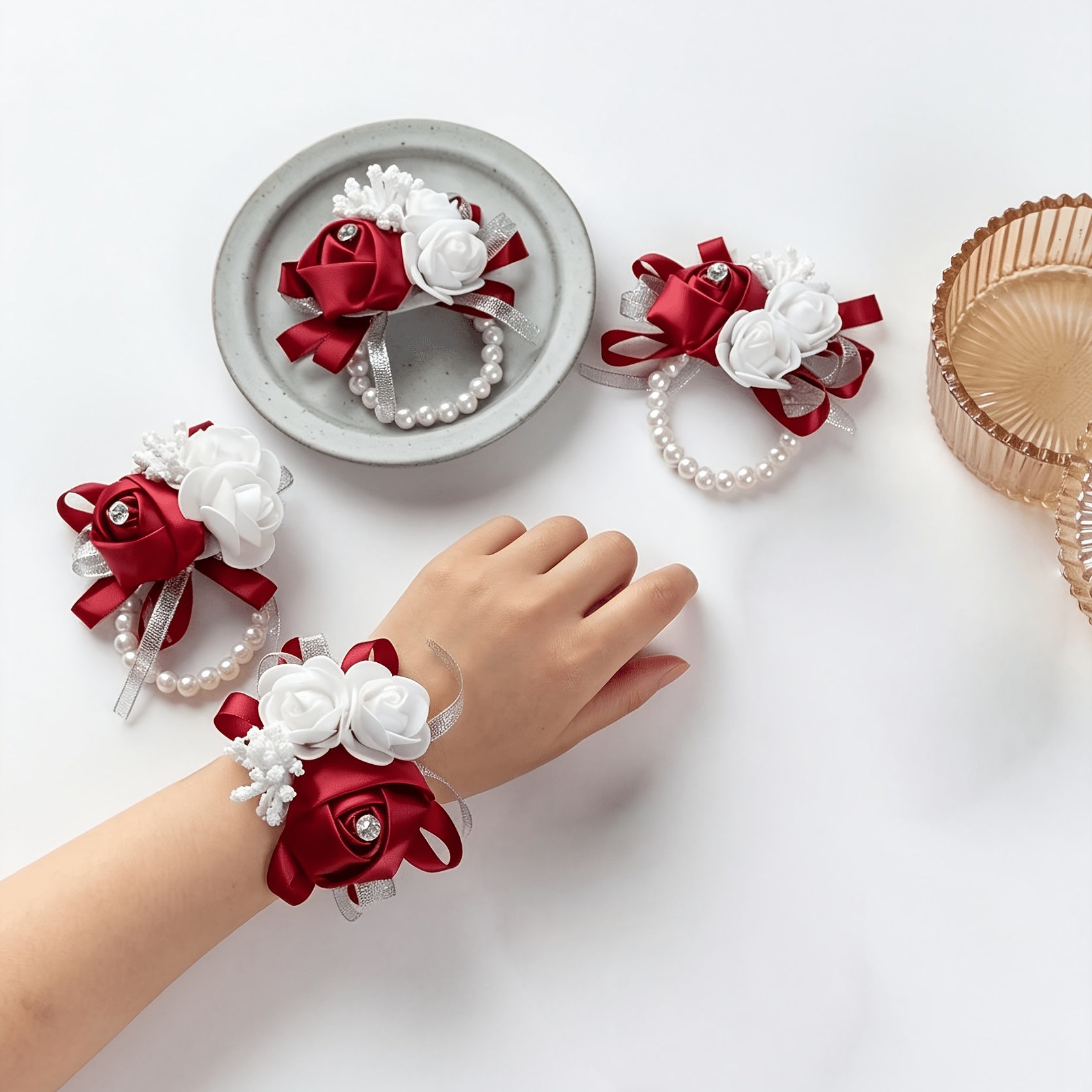 New Beaded Small Wedding Wrist Flower 4pcs Set, Christmas Decor, Halloween Decor