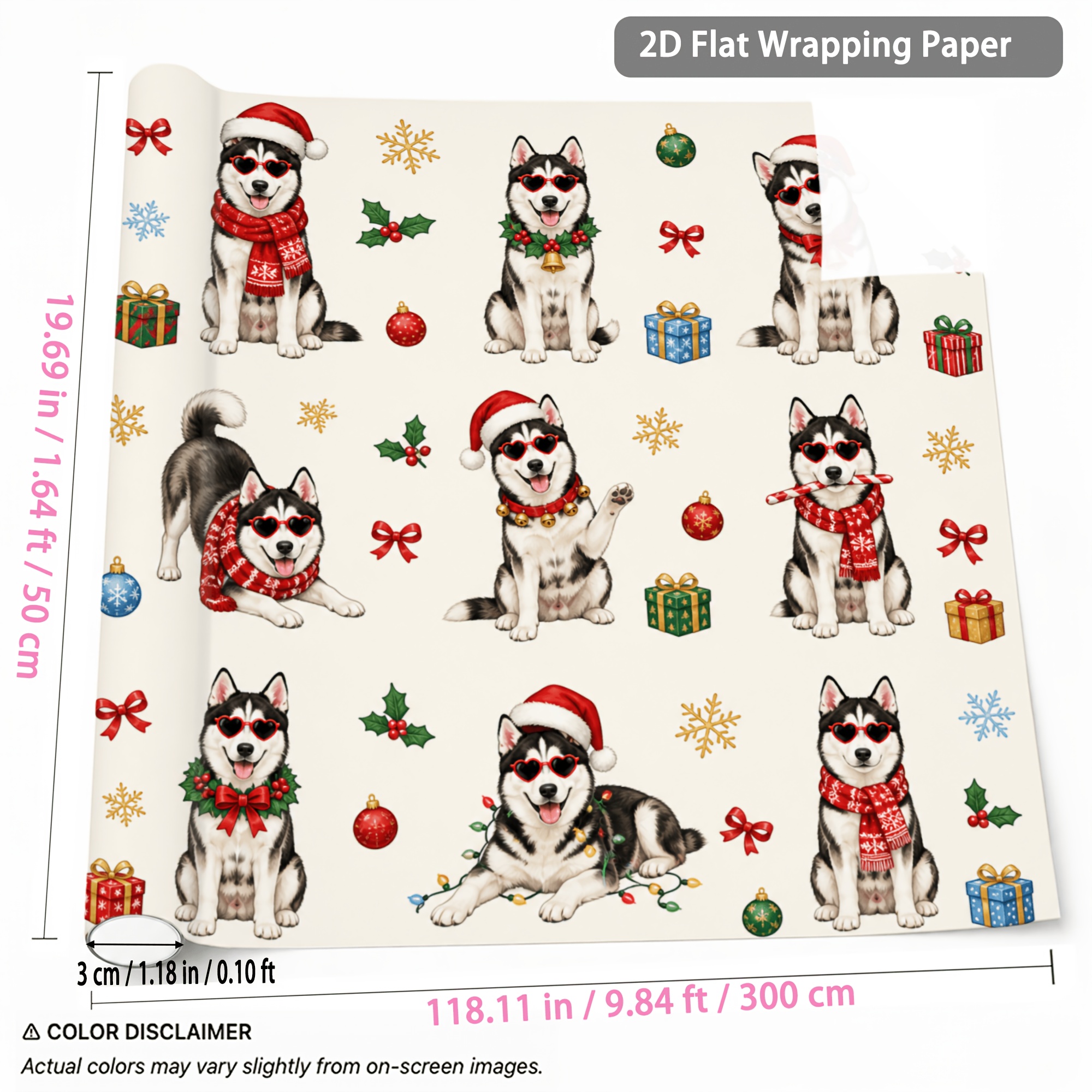 TEMU 1 Rouleau de Husky avec Motif Bonnet de Père Noël - Emballage Cadeau sur le Thème du Husky Adapté pour Noël, le Nouvel An, les Fêtes
