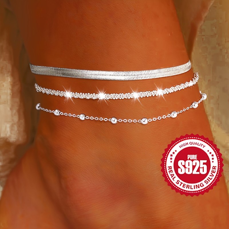 

3pcs/set 925 Sterling Silver Anklets, Retro Style Flat Snake Chain Single Layer Double Layer Hypoallergenic Anklet For Summer Beach Vacation