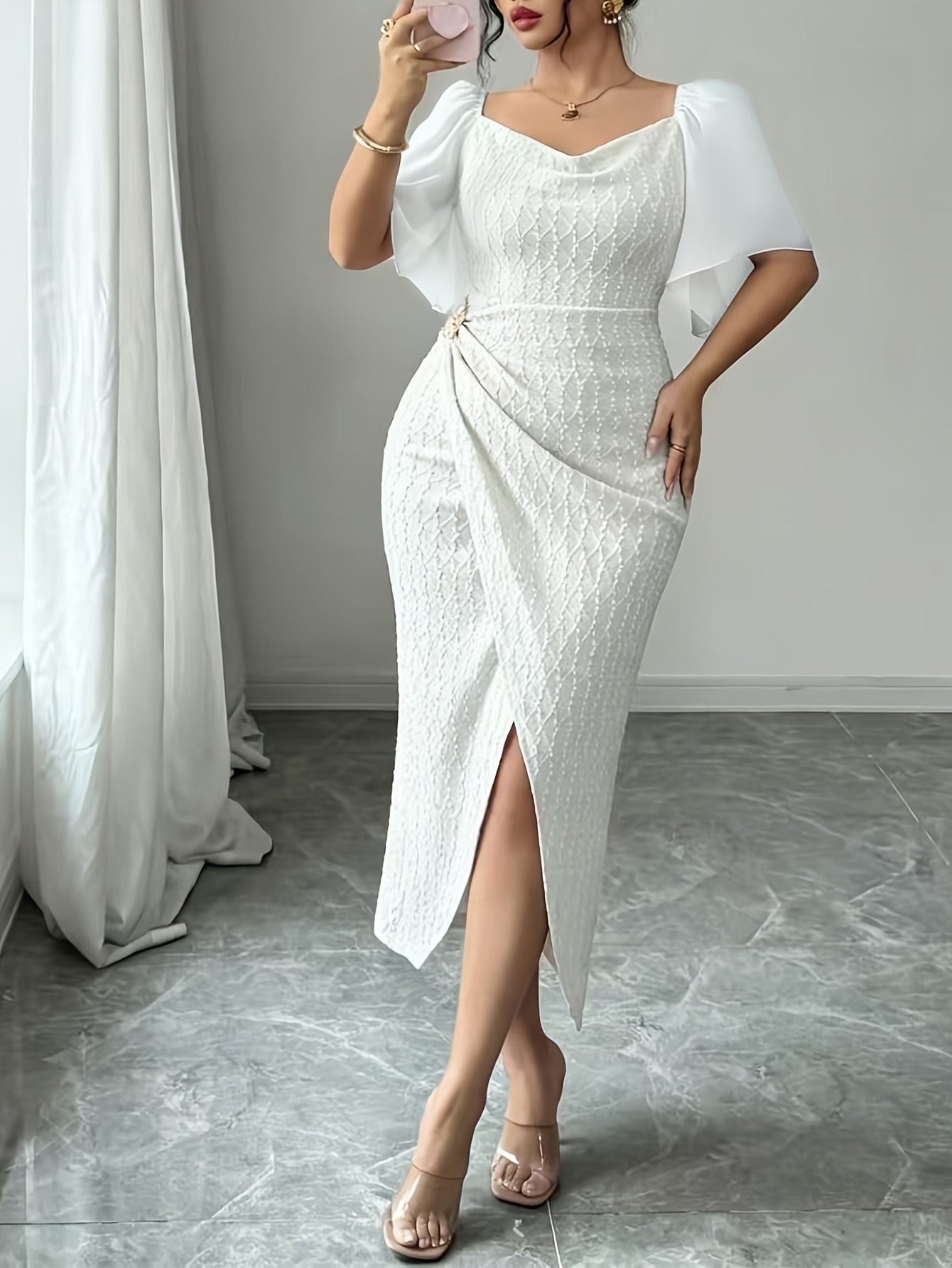 graduation dress white long sleeve Plus Size, Women's Plus Size Fashion Solid * with Notched Lapel, Ruffle Hem, Floral * and * Featuring a Slit Hem and Short Sleeves, Suitable for Daily Wear, Elegant * Parties * and Dates graduation dress