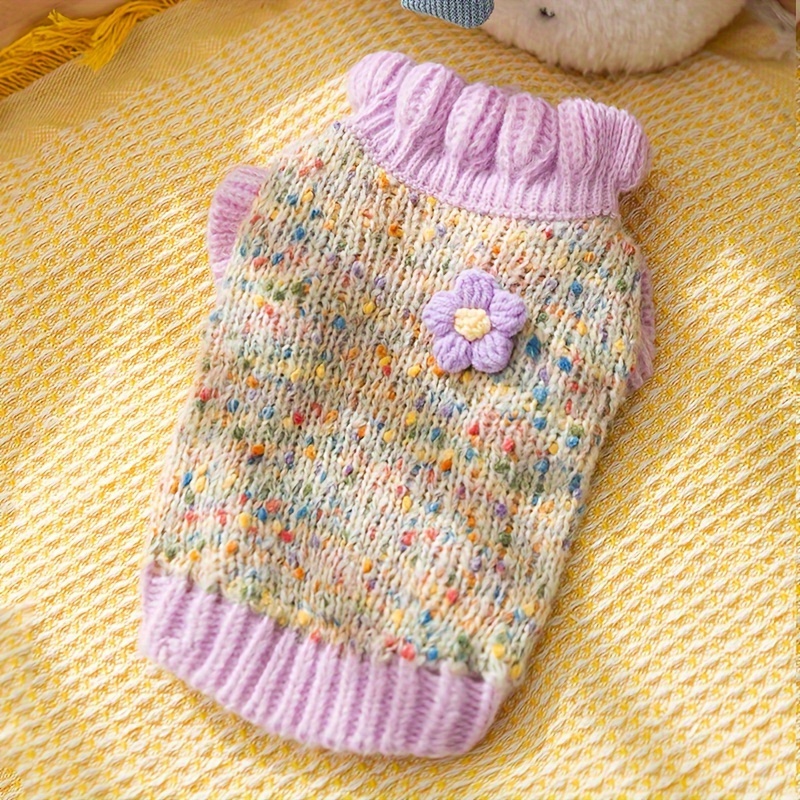 Image of Autumn/winter Dog Polka Dot Gauze Small Flower Sweater, Cat Floral Knitwear, Pet Warm Dog Clothes