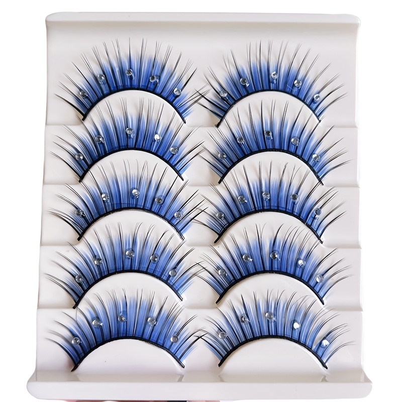 Image of Yukaka 5 Pairs Of Rhinestone False Eyelashes, Blue Colored False Eyelashes, Makeup Tools For Latin Dance Parties, A Look With Sparkling Stage Effects