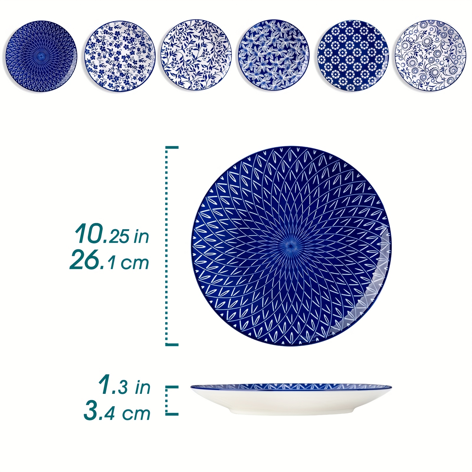 E-shop 6er-Set Teller, /21 cm, Musterporzellan Abendessen-Teller und Dessertteller, Vintage Blau, für 6 Personen geeignet, Spülmaschinen- und