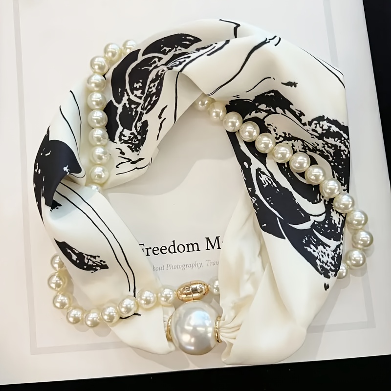 2pcs Set Of Elegant Floral Print Scarf And Bead Chain, Magnetic Scarf, Stylish And Elegant Ladies Accessories, Suitable For Casual Going Out