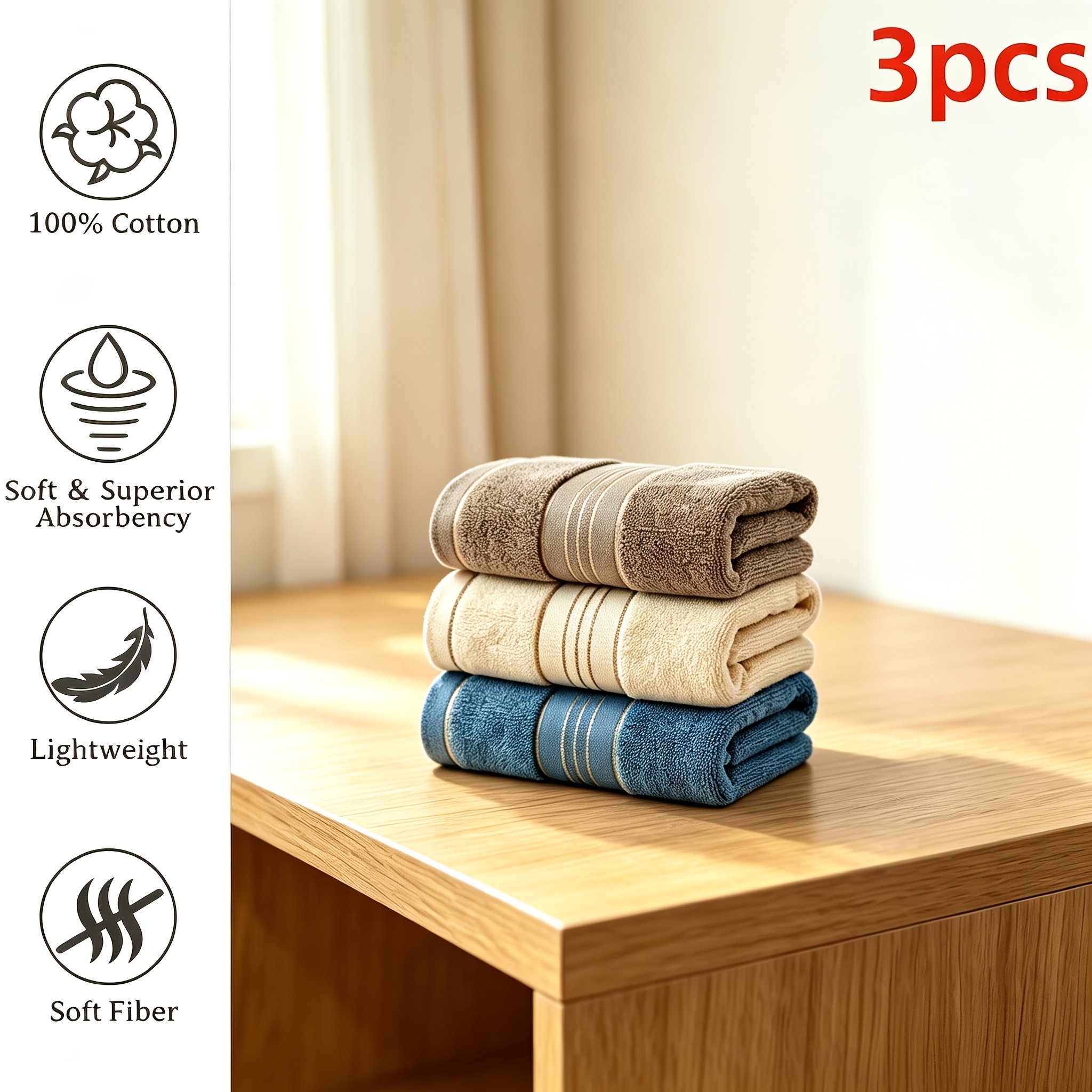TEMU Set Of 3 Super Absorbent, Quick-drying Towels, And Absorbent Pure Cotton, Perfect For Home Use Face Towels - And Anti-static - Ideal Bathroom