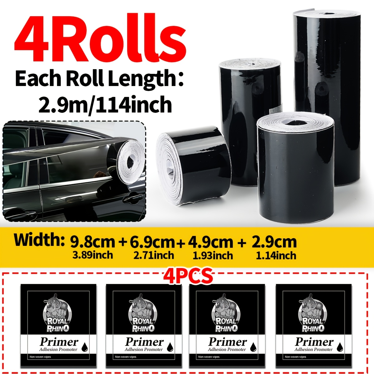 Image of 4pcs 4 Sizes Of Black Vinyl Wrapping Tape, High Gloss Self-adhesive Engine Hood Detail Film -2.9m/roll, High-quality Adhesive, Interior Decoration Stickers, Suitable For Cars, Trucks, Motorcycles, Diy
