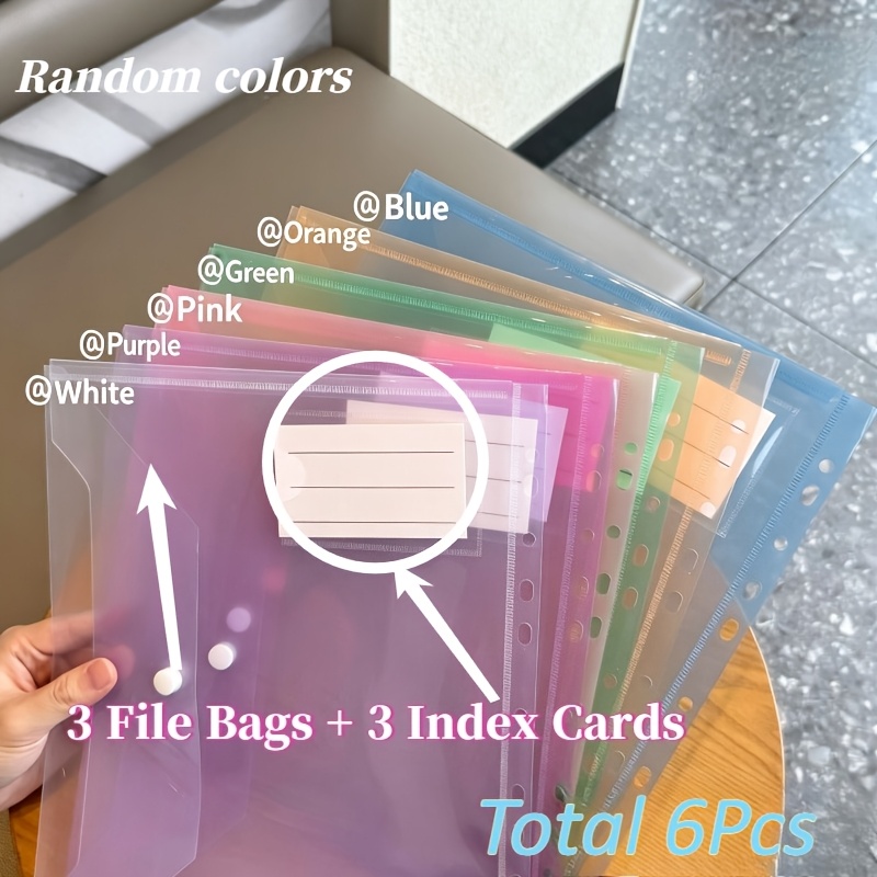TEMU 6pcs Set (3pcs File Folders And 3pcs Index Cards) Morandi Loose-leaf File Folders Student Storage Documents Snap-button File Folder Office Bag