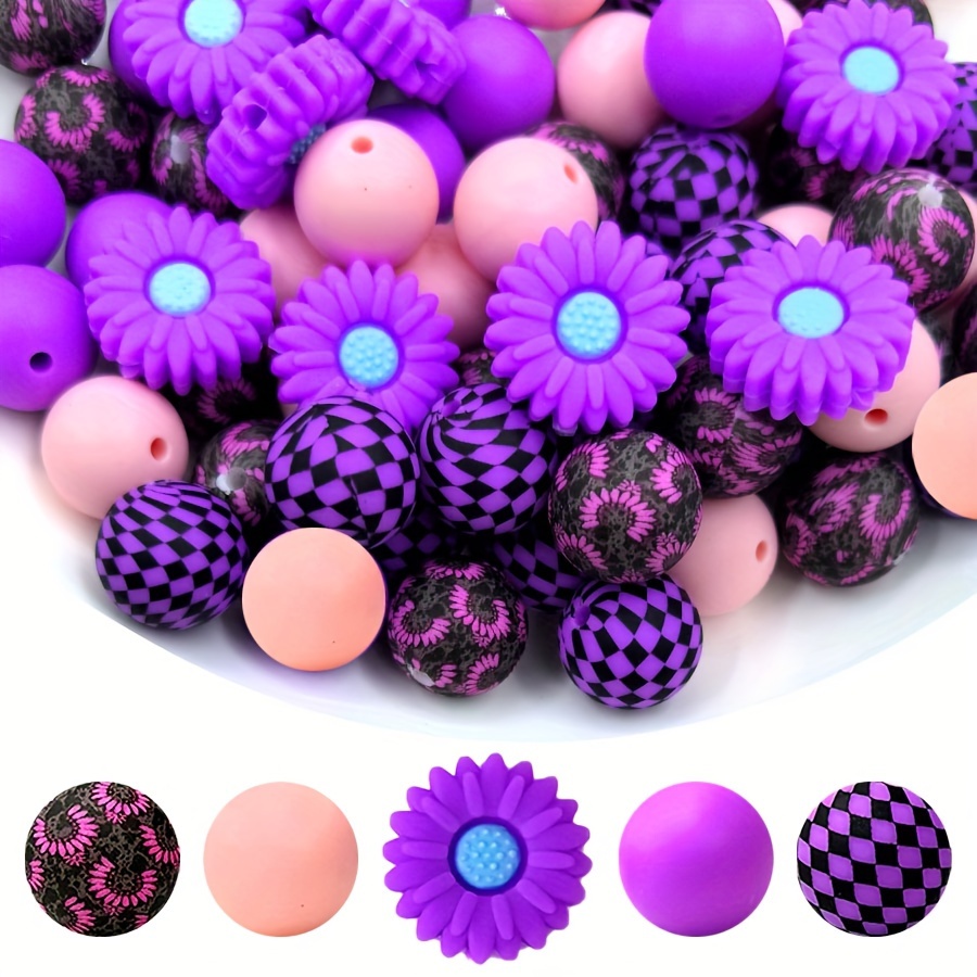 

25pcs Silicone Flower Beads For Diy Crafts, Keychains, Bracelets, Necklaces - Purple Sunflower Design