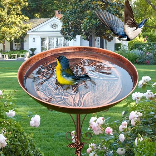 extra large antique bronze metal bird bath with 3d emblem adjustable high quality basin on decorative stake for secure garden installation easy assembly garden bird bath vintage garden decor sturdy construction bird bath for outside