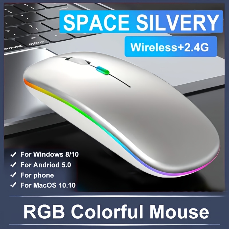 Wireless Portable Office Mute Wireless Mouse for Phone Tablet Laptop Computer Office Entertainment, Rechargeable Wireless 2.4G Dual Mode Mouse, Ergonomic RGB Ultra Thin Wireless Mouse, Type C Charging Interface, 4 Buttons, Compatible with Multiple Sy