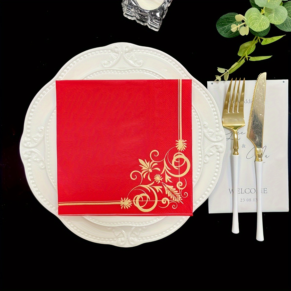 

50 Pack Red And Golden Floral Pattern 3-ply Paper Napkins For Wedding, Birthday, And General Celebrations - 13x13 Inch Disposable Dinner Napkins For Restaurant, Hotel, And Home Party Supplies