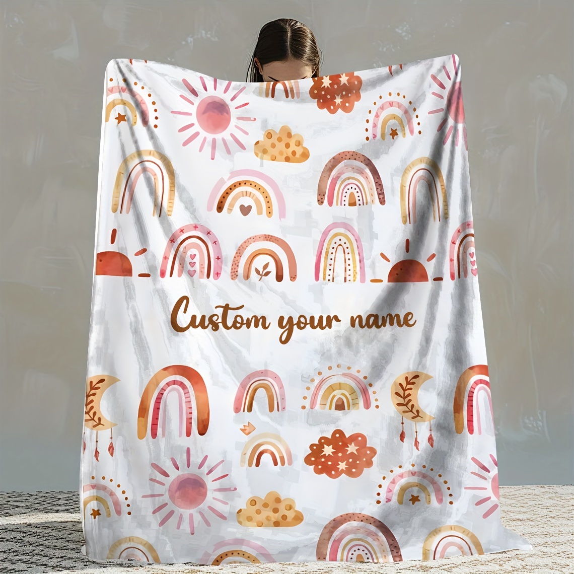 

1pc Custom Name Blanket Rainbow Cartoon Print Blanket Custom Name Soft Blanket Flannel Blanket