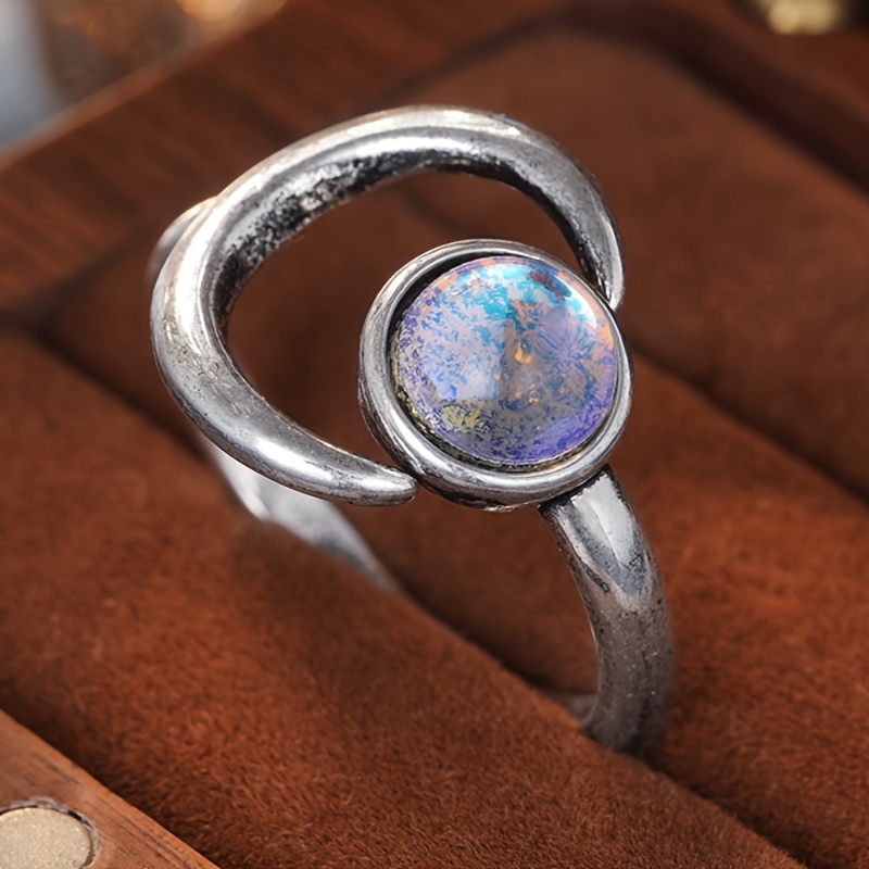 Vintage Bohemian Adjustable Crescent Moon Ring with Moonstone Inlay