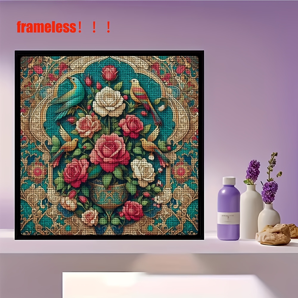 Style Vase with Roses and Colorful Birds Pattern Cross-Stitch Kit