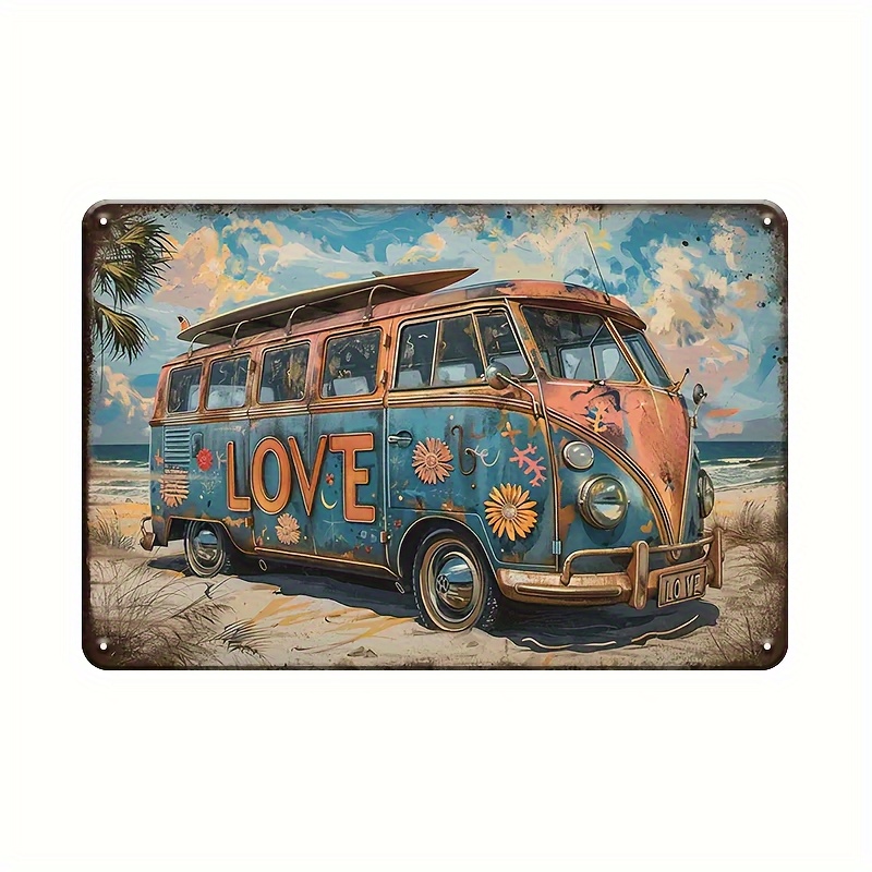 E-shop Vintage Strandleben Bus Wohnmobil Metallschild - Hippie Blumendesign, Metall Wanddekoration für Zuhause & Büro, 20X30Cm