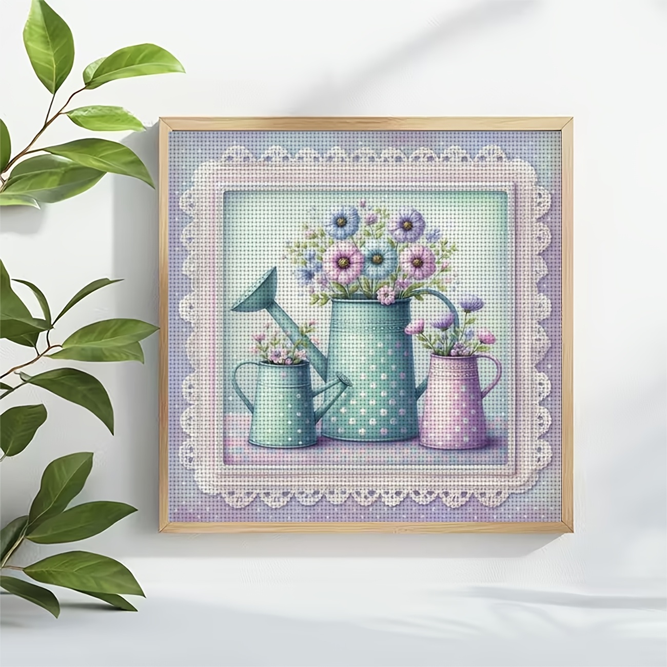 Cross Stitch Kit, "Colorful Watering Can with Fresh Flowers" Pattern