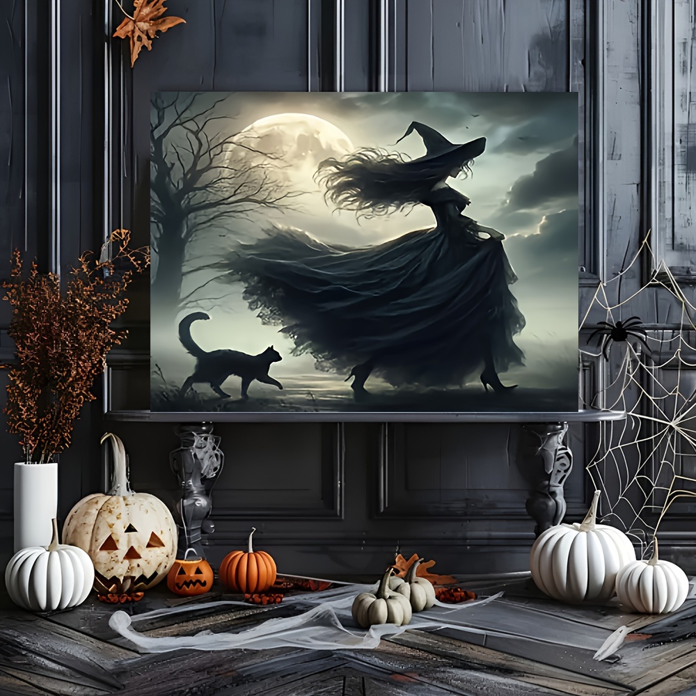 16x12 gothic halloween canvas art witch black cat walking Temu
