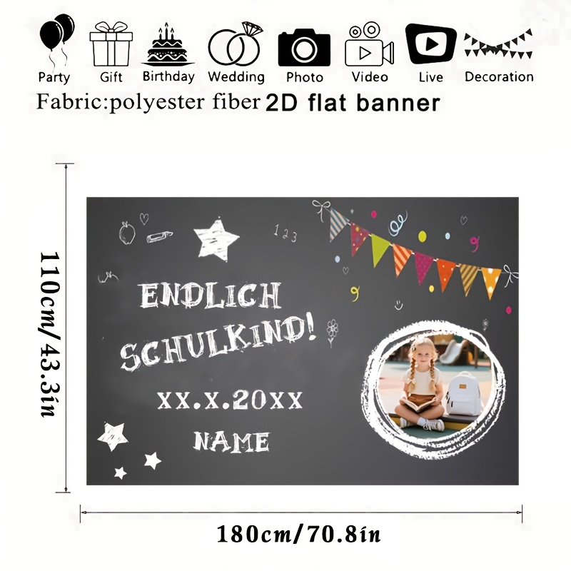 TEMU 2D Flat, 2D Flat - 2D Flat, 2D Flat - 2D Flat Banner . Deutsch Personalisiertes Foto Text Klassenzimmer Hintergrund, mit SCHULKIND! Kreide-Stil