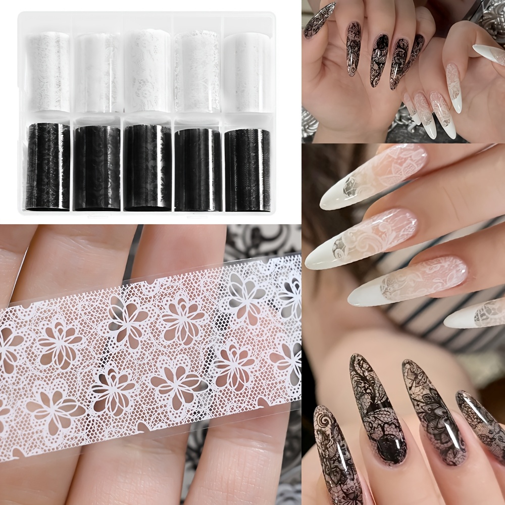 TEMU 10 Rouleaux d'Autocollants de Transfert Élégants pour Nail Art, Dentelle Florale Noire et Blanche, 2,5*50cm Feuille de Transfert pour Ongles,