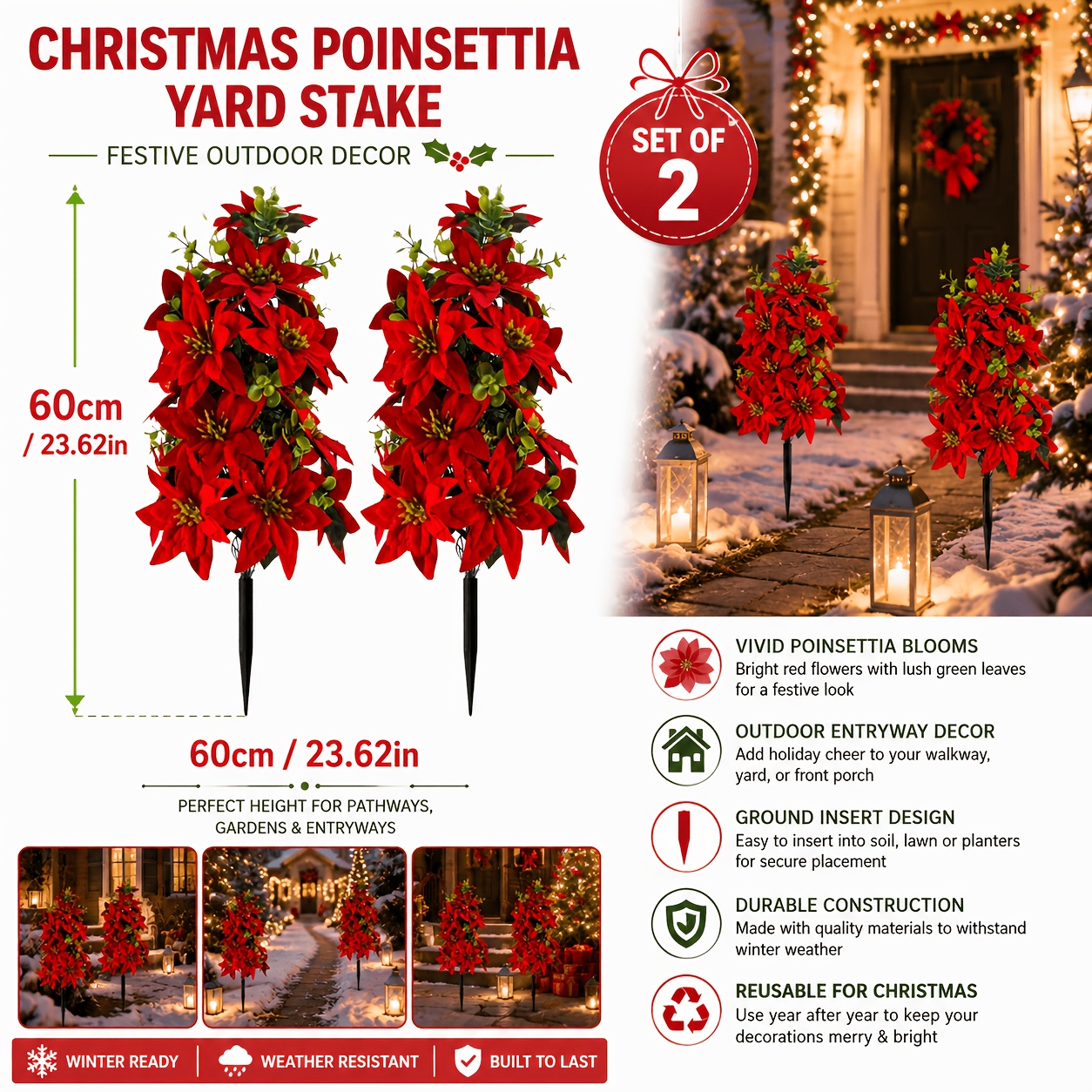 TEMU 2pcs Large Artificial Poinsettia Faux Plants With Ground Stakes - Realistic / Christmas Tree Suitable For Lawn, Flower Bed, Porch, Patio Decor,