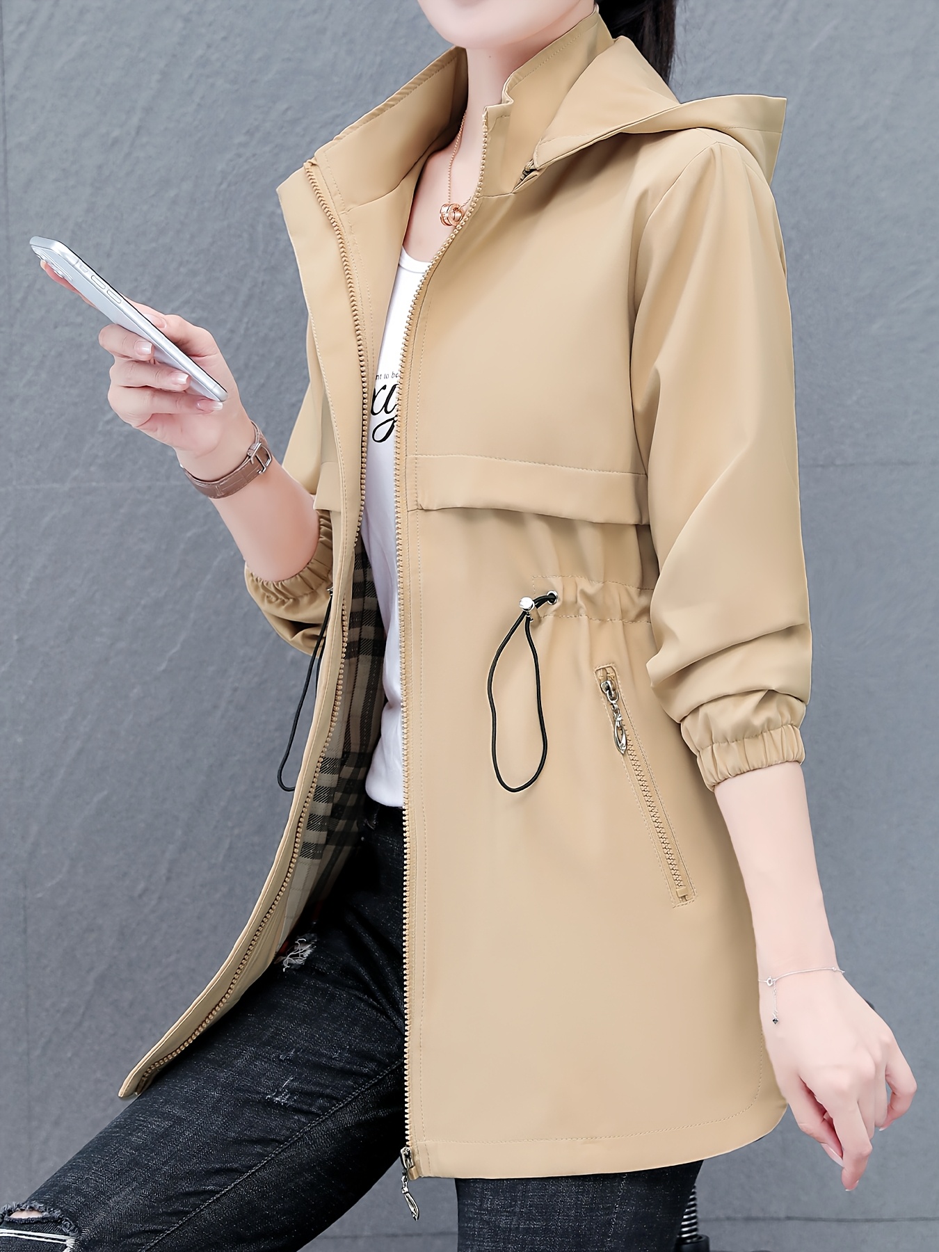 Chaqueta casual con capucha para mujer, midi, con cinturón ajustable desmontable, estilo coreano, para todas las estaciones, cierre frontal con cremallera, corte regular, ligera, rompevientos, minimalista, material duradero, esencial diario, color beige