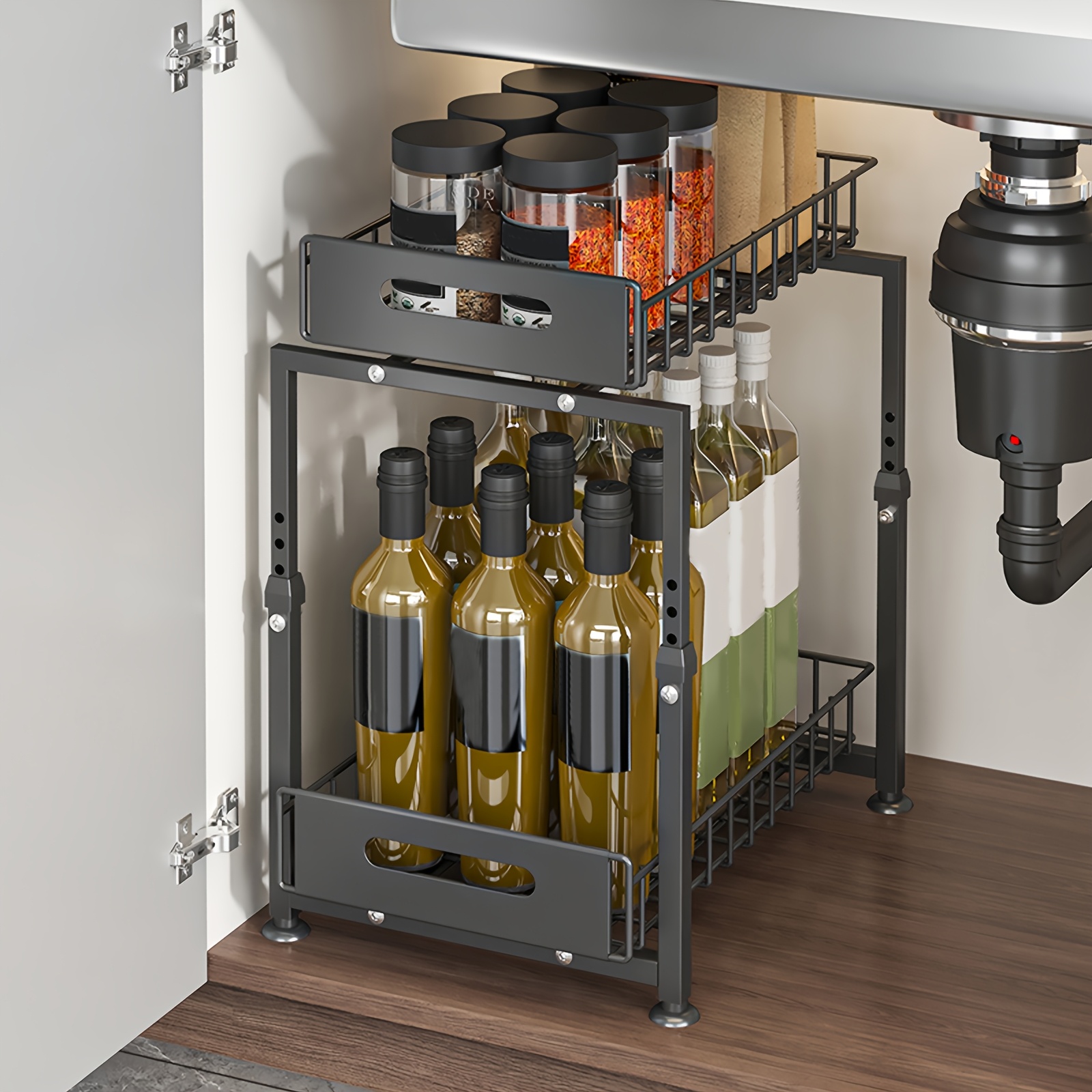 1pc Under Sink Organizer And Storage, Adjustable Height , 2 Tier Pull Out Under Cabinet Organizer Shelf, Adjustable Height, Slide Out Under Sink Storage For Kitchen Bathroom Cabinet, Living Room