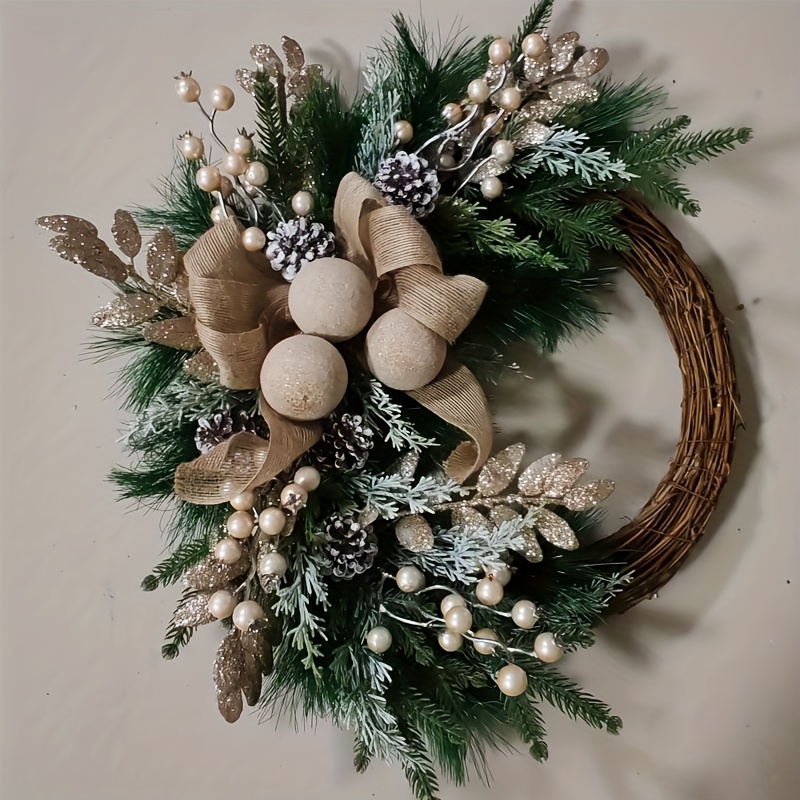 Image of Front Door Wicker Wreath, Pine Branches And Pine Cones, Decorative Door Hanging, Cream And Golden Christmas Wreath, Winter Wreath, Holiday Wreath, Holiday Decoration Ornaments Wreath